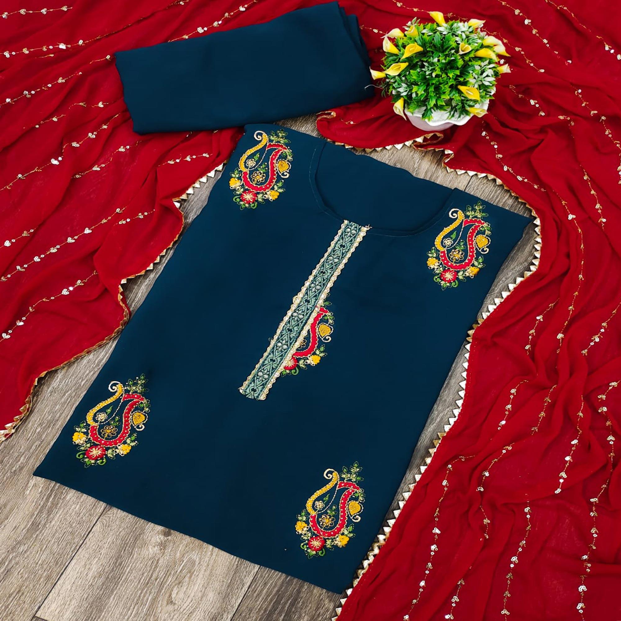 Morpich Festive Wear Embroidered Cotton Dress Material - Peachmode