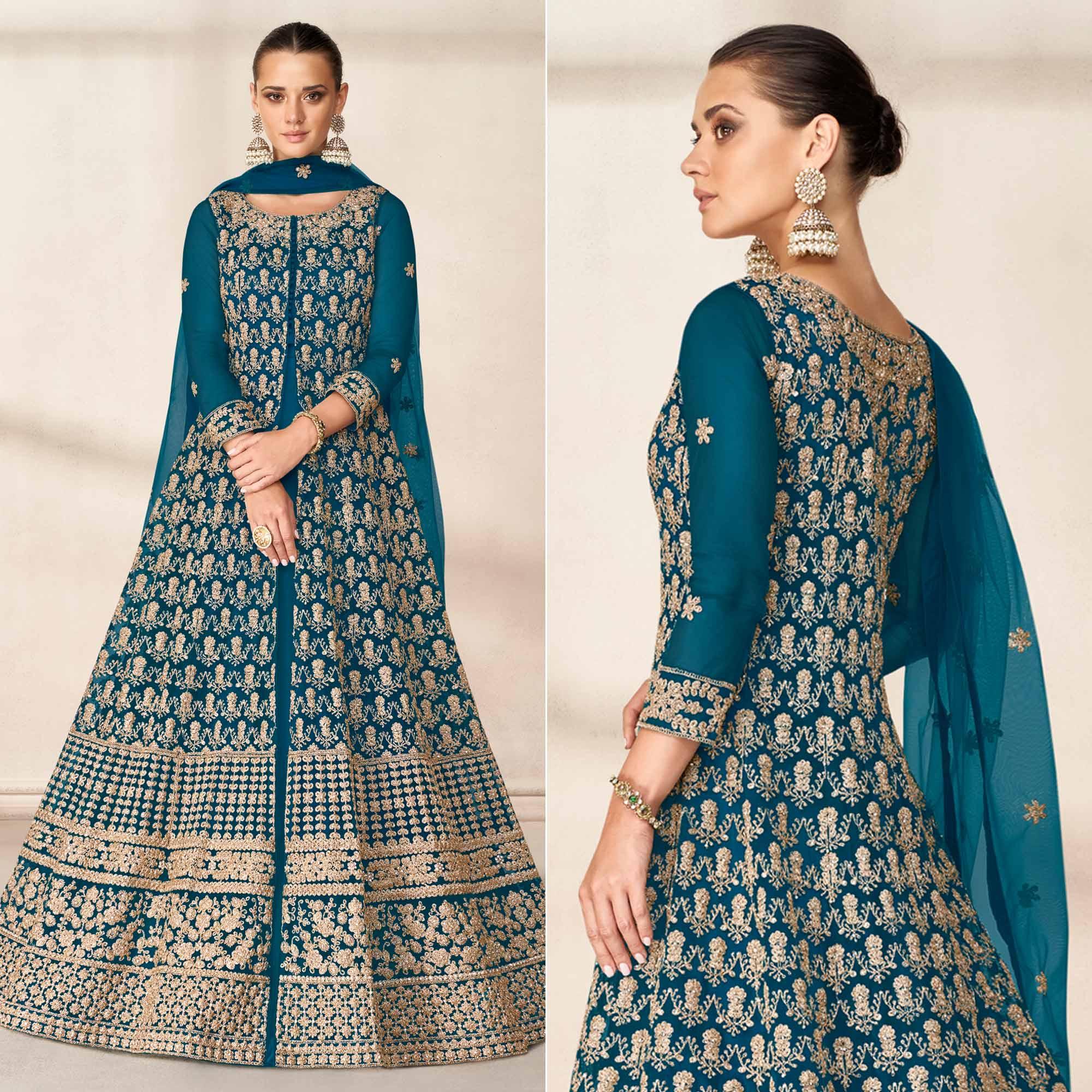 Morpich Floral Embroidered Net Anarkali Style Gown - Peachmode
