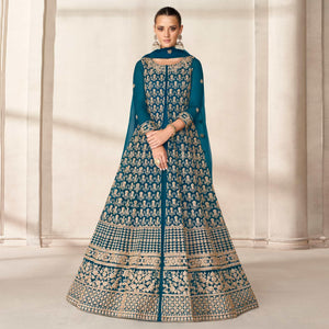 Morpich Floral Embroidered Net Anarkali Style Gown - Peachmode