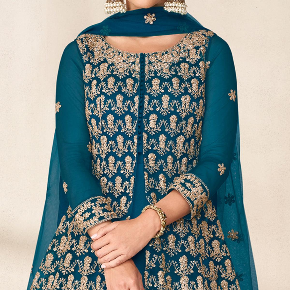 Morpich Floral Embroidered Net Anarkali Style Gown - Peachmode