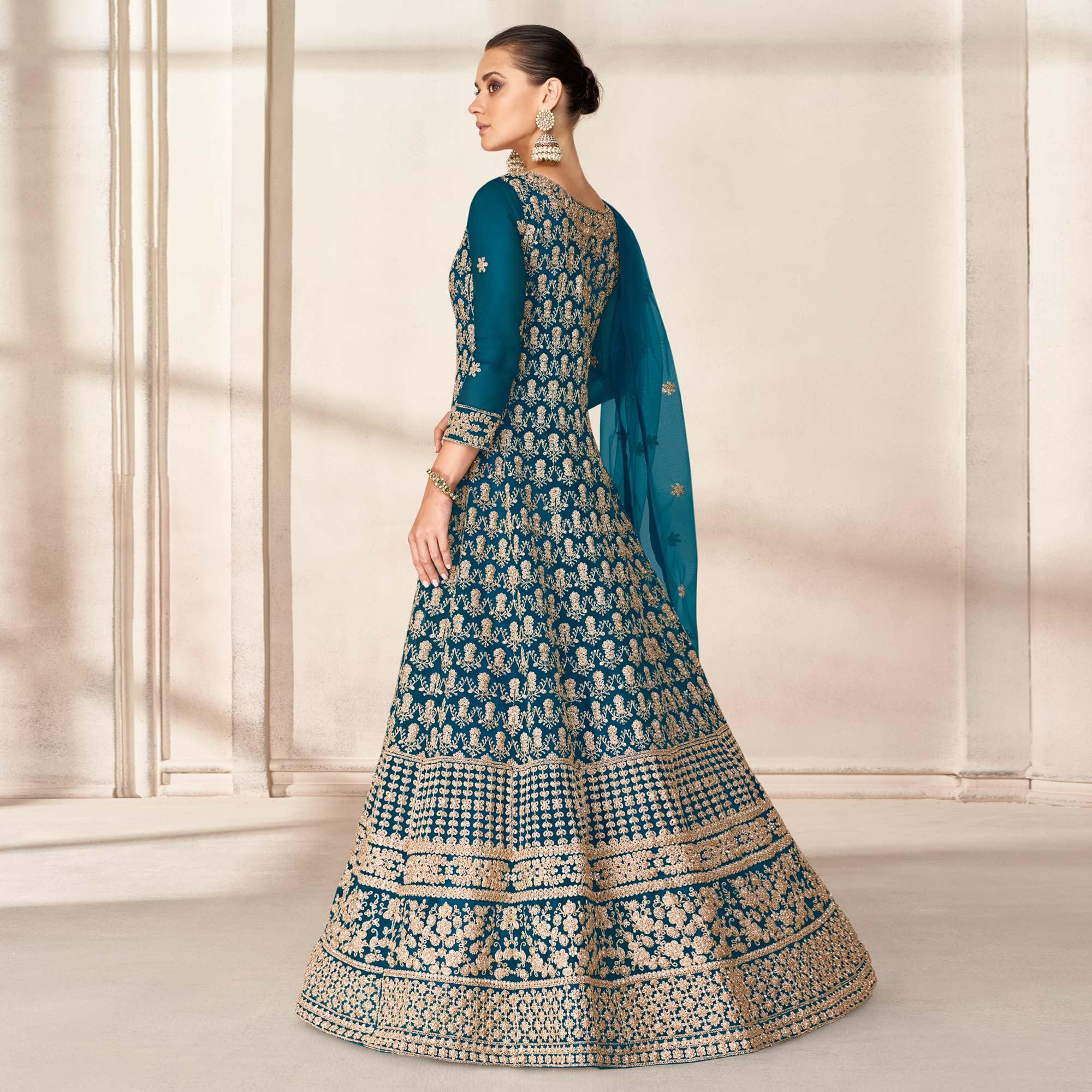 Morpich Floral Embroidered Net Anarkali Style Gown - Peachmode