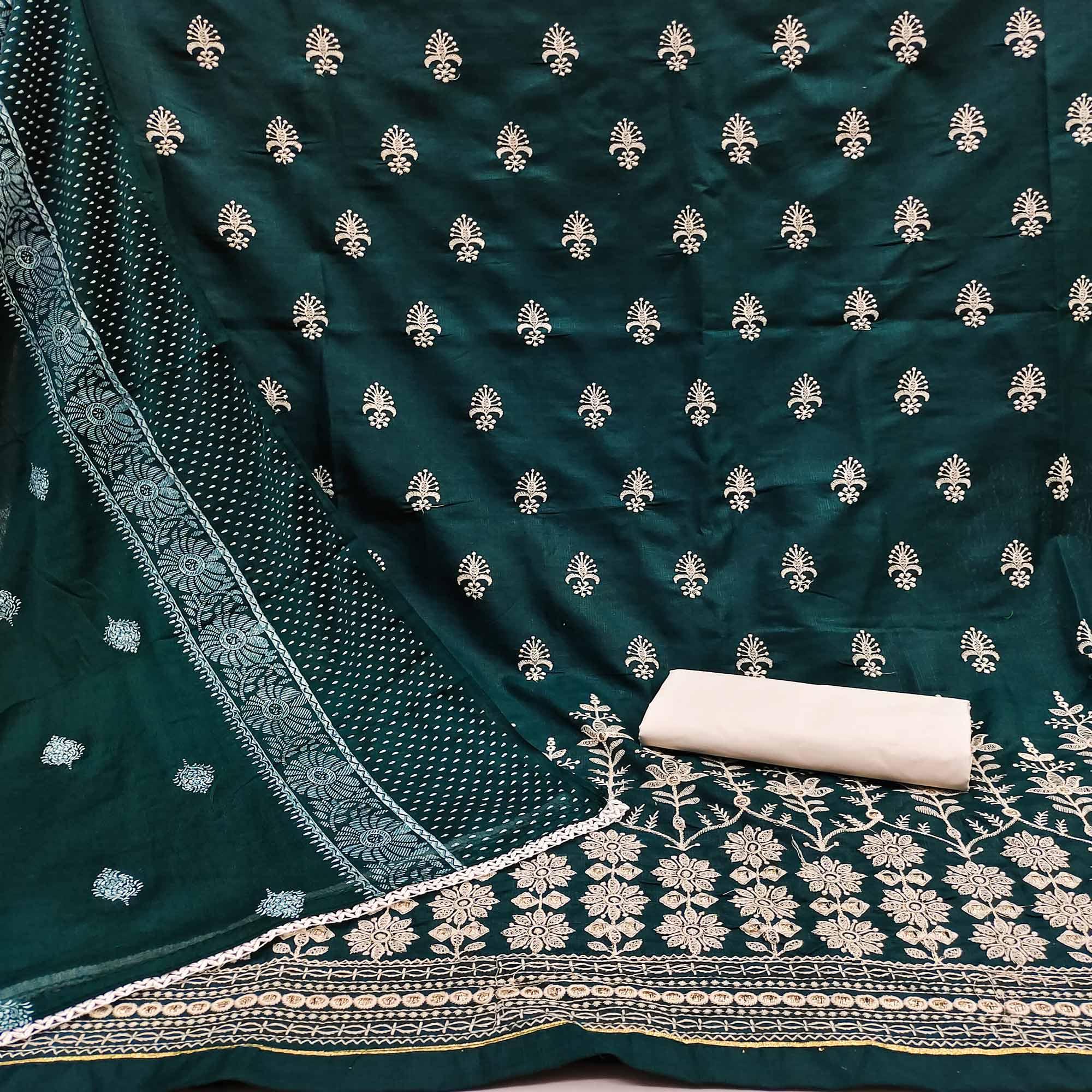 Morpich Floral Embroidered Pure Cotton Dress Material - Peachmode