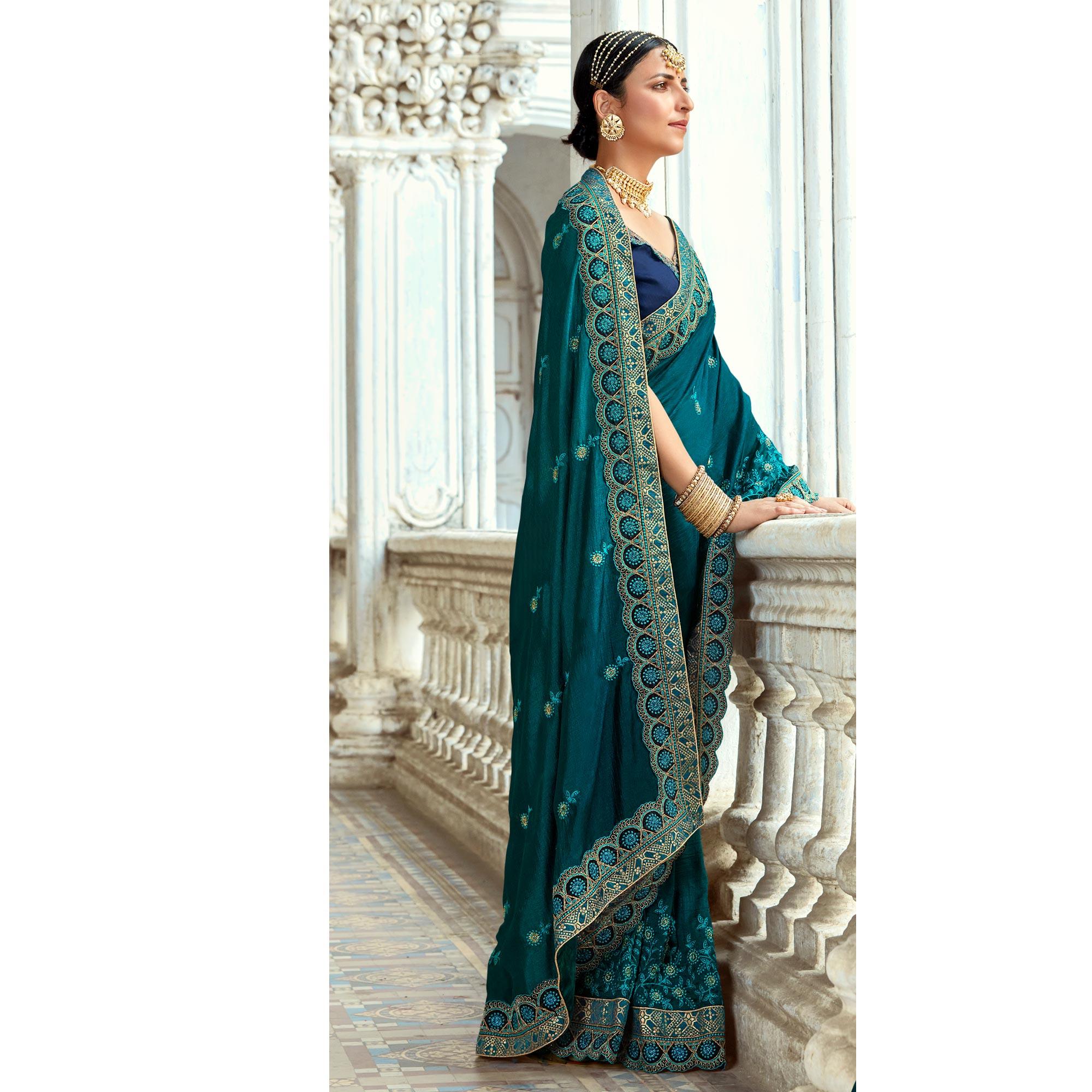 Morpich Floral Embroidered Vichitra Silk Saree - Peachmode