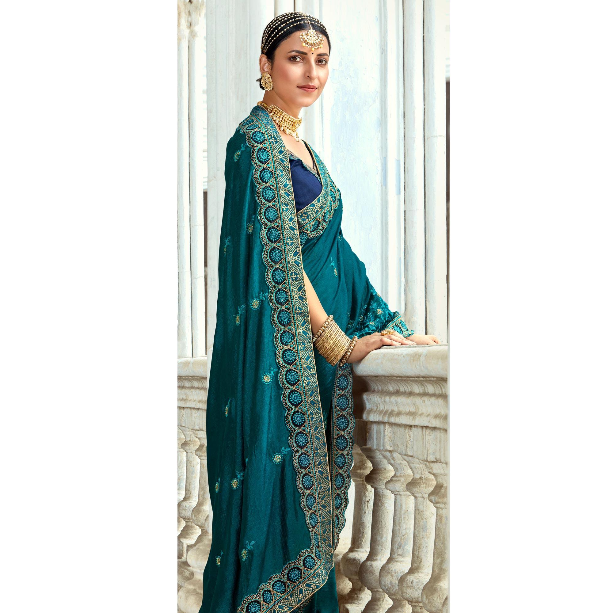 Morpich Floral Embroidered Vichitra Silk Saree - Peachmode