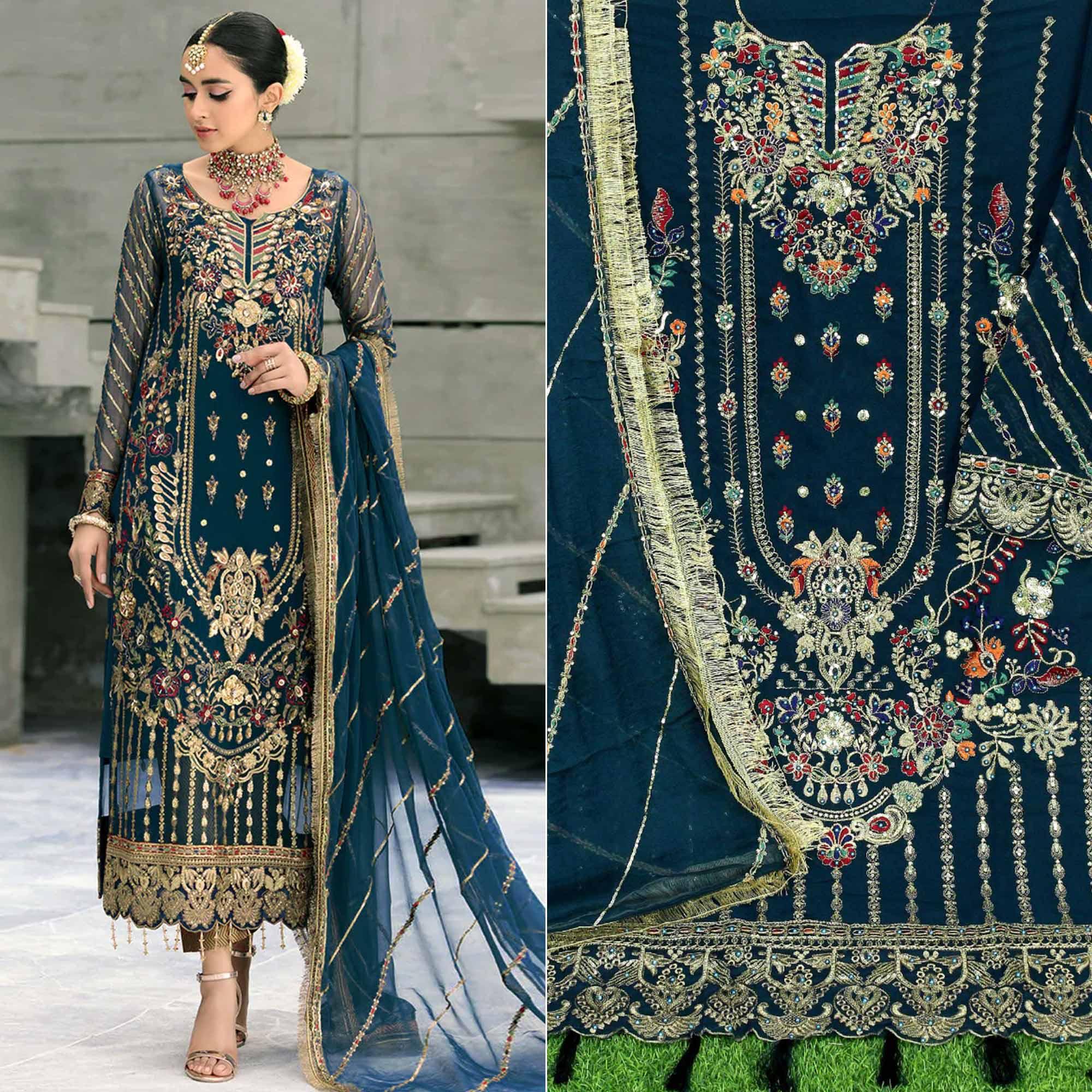 Morpich Floral Embroidered With Sequence Georgette Pakistani Suit - Peachmode
