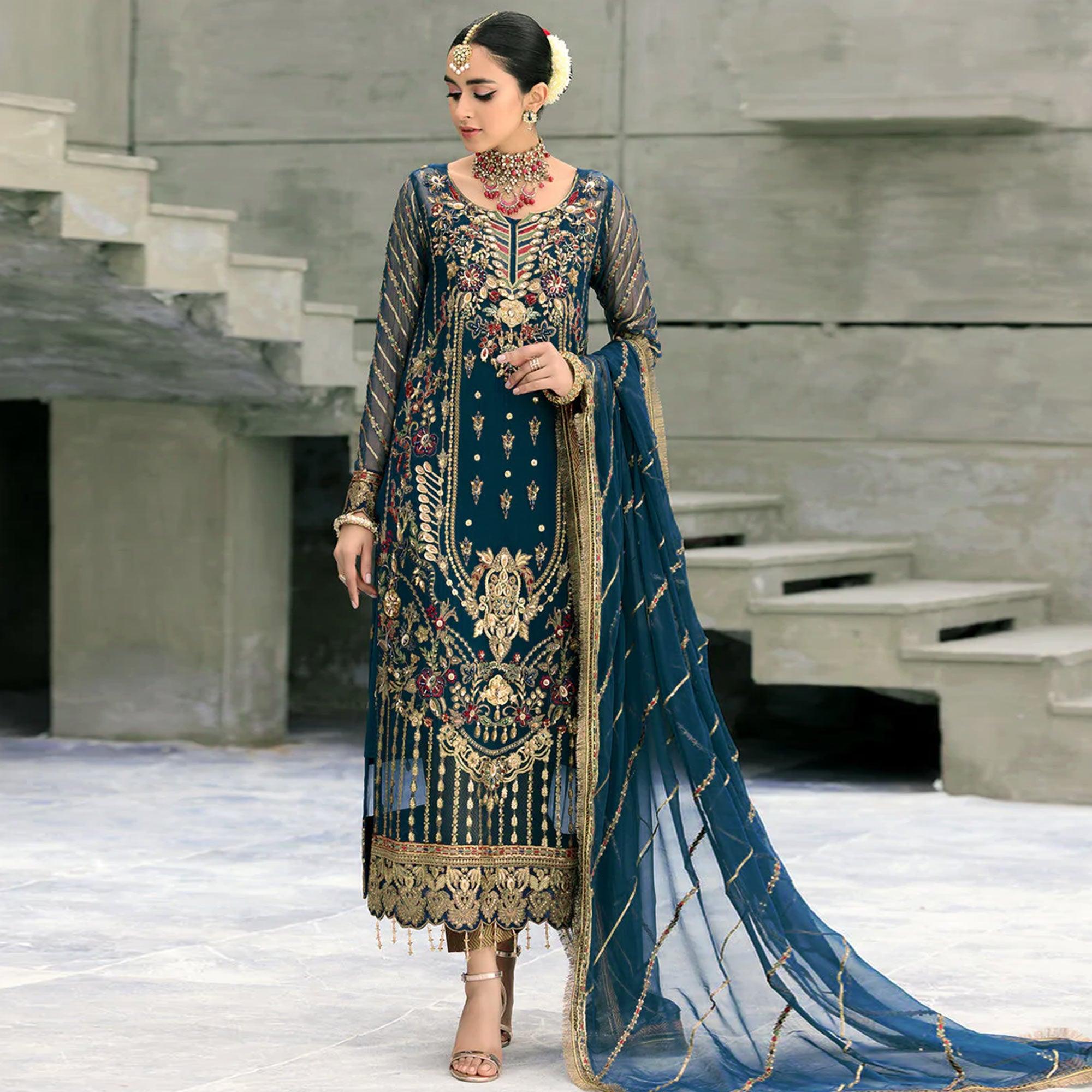 Morpich Floral Embroidered With Sequence Georgette Pakistani Suit - Peachmode