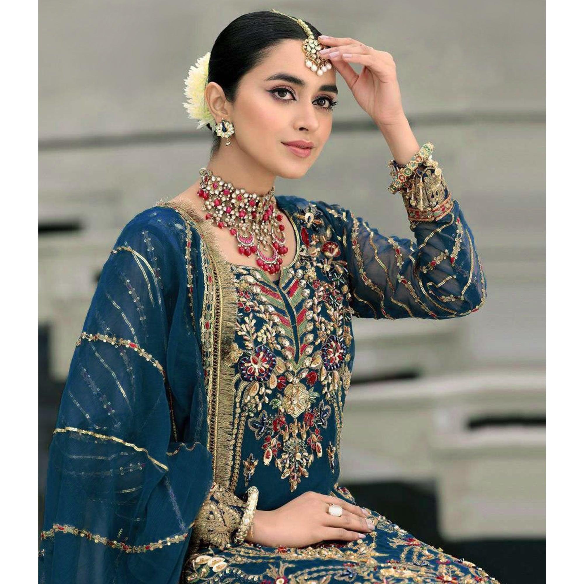 Morpich Floral Embroidered With Sequence Georgette Pakistani Suit - Peachmode