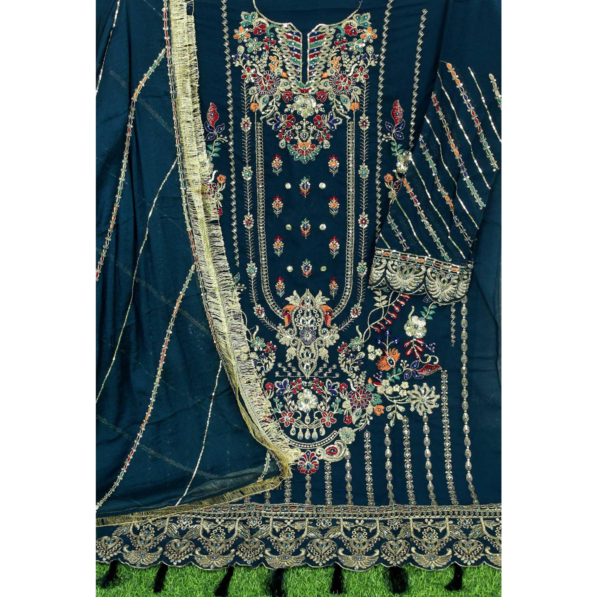 Morpich Floral Embroidered With Sequence Georgette Pakistani Suit - Peachmode