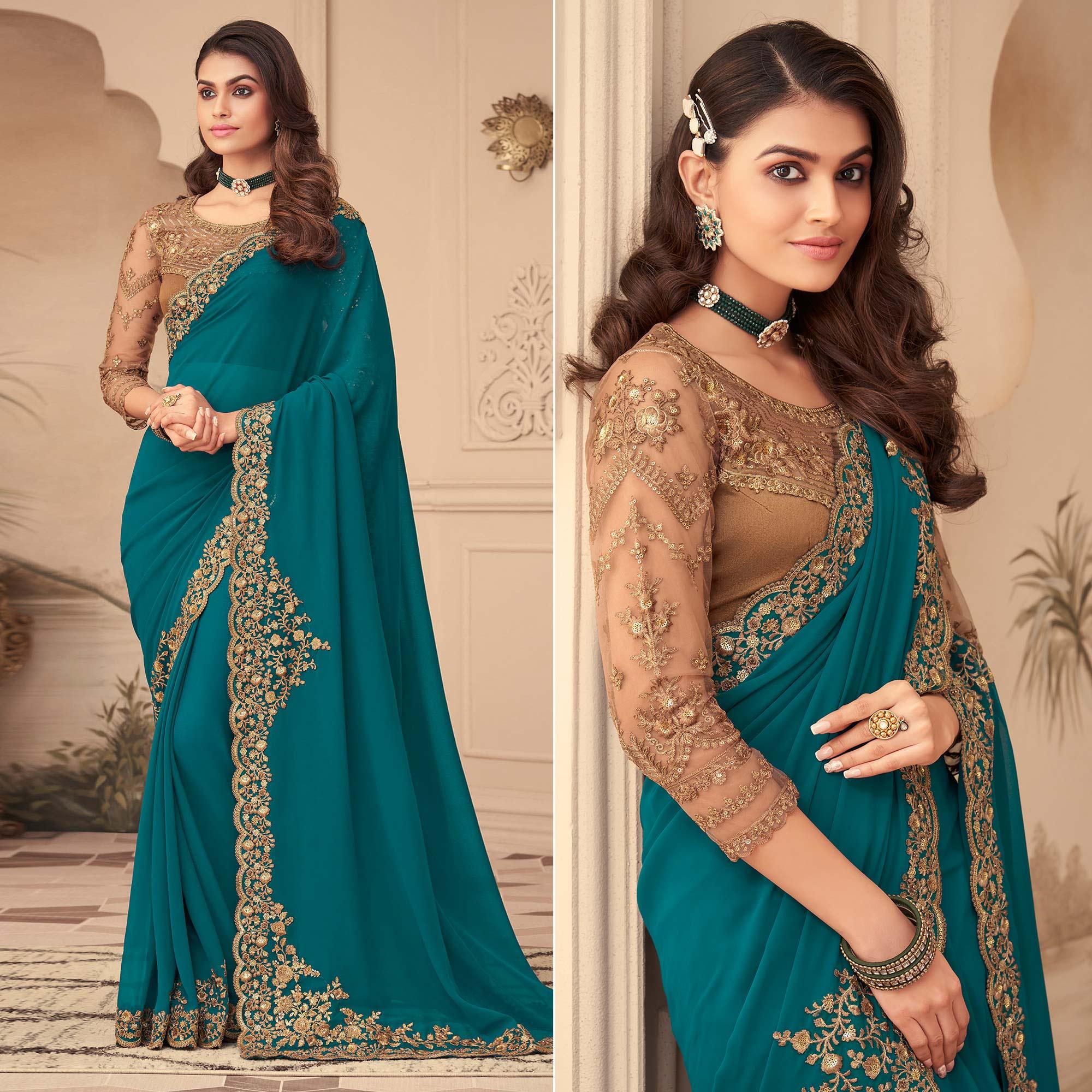 Morpich Floral Sequence Embroidered Georgette Saree - Peachmode