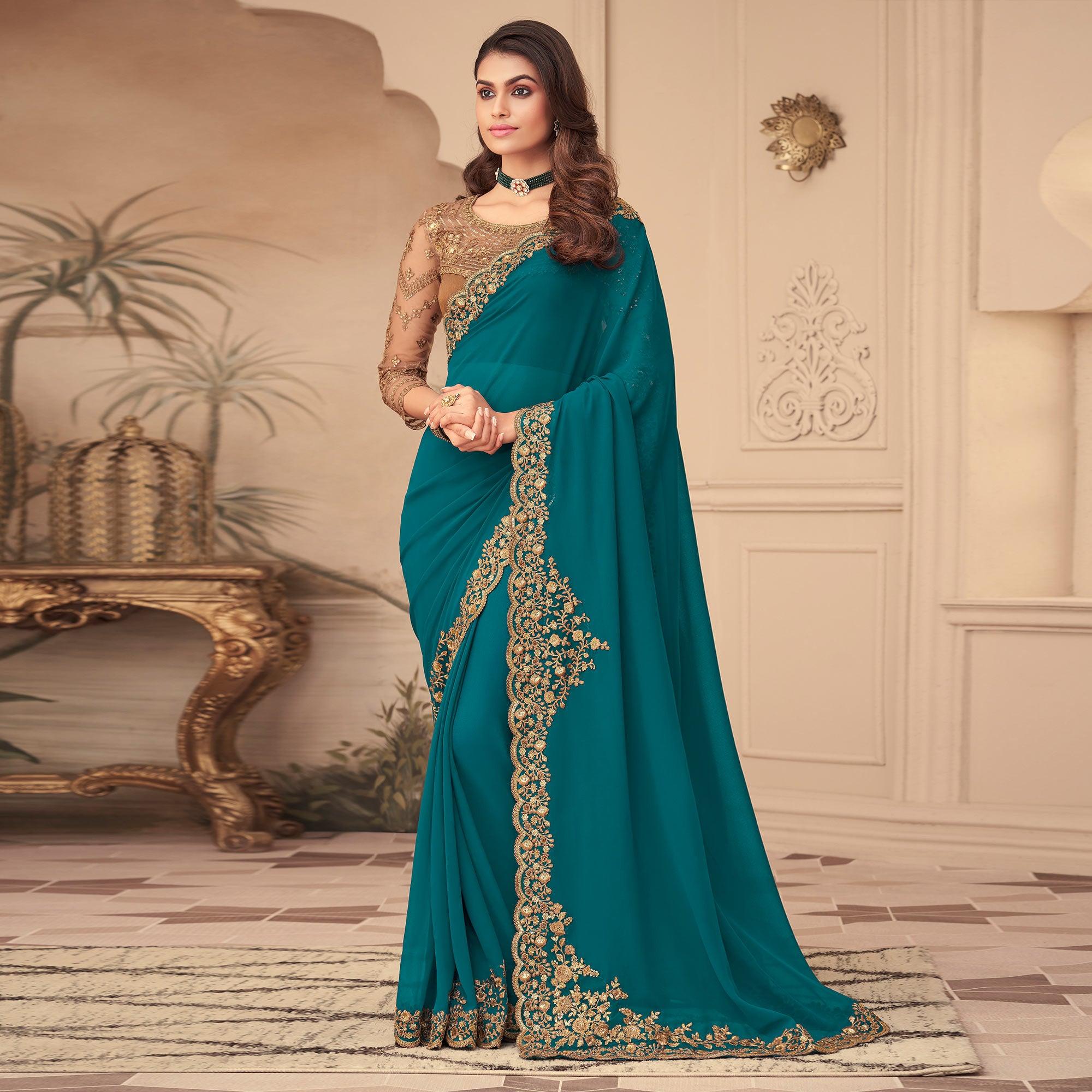 Morpich Floral Sequence Embroidered Georgette Saree - Peachmode