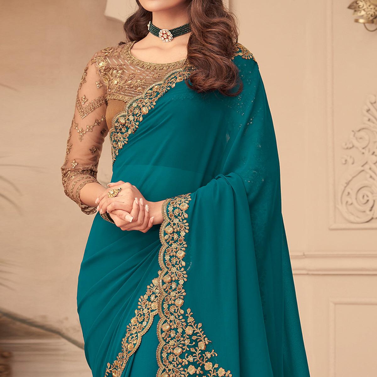 Morpich Floral Sequence Embroidered Georgette Saree - Peachmode
