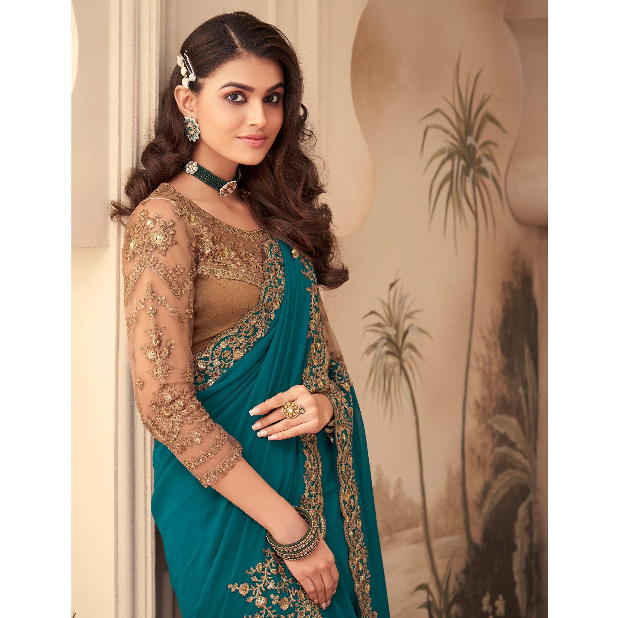 Morpich Floral Sequence Embroidered Georgette Saree - Peachmode