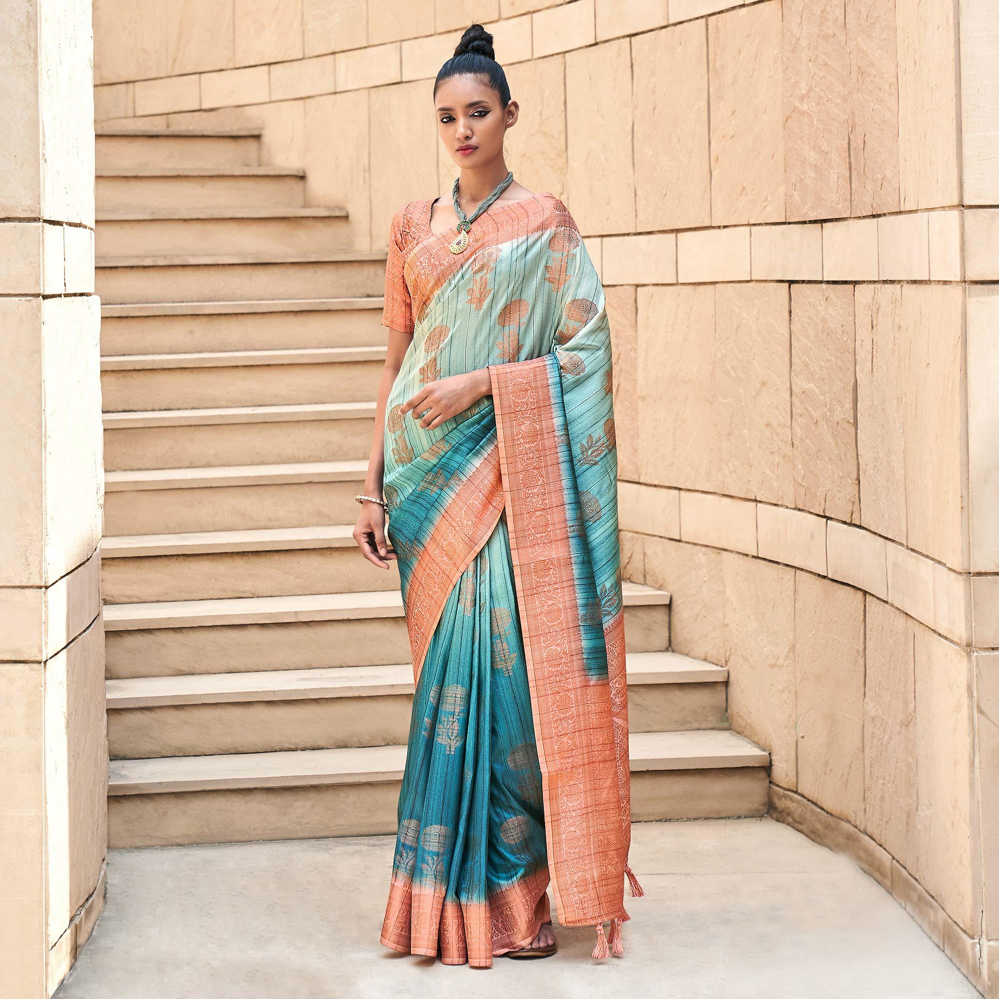 Morpich Floral Woven Art Silk Saree - Peachmode
