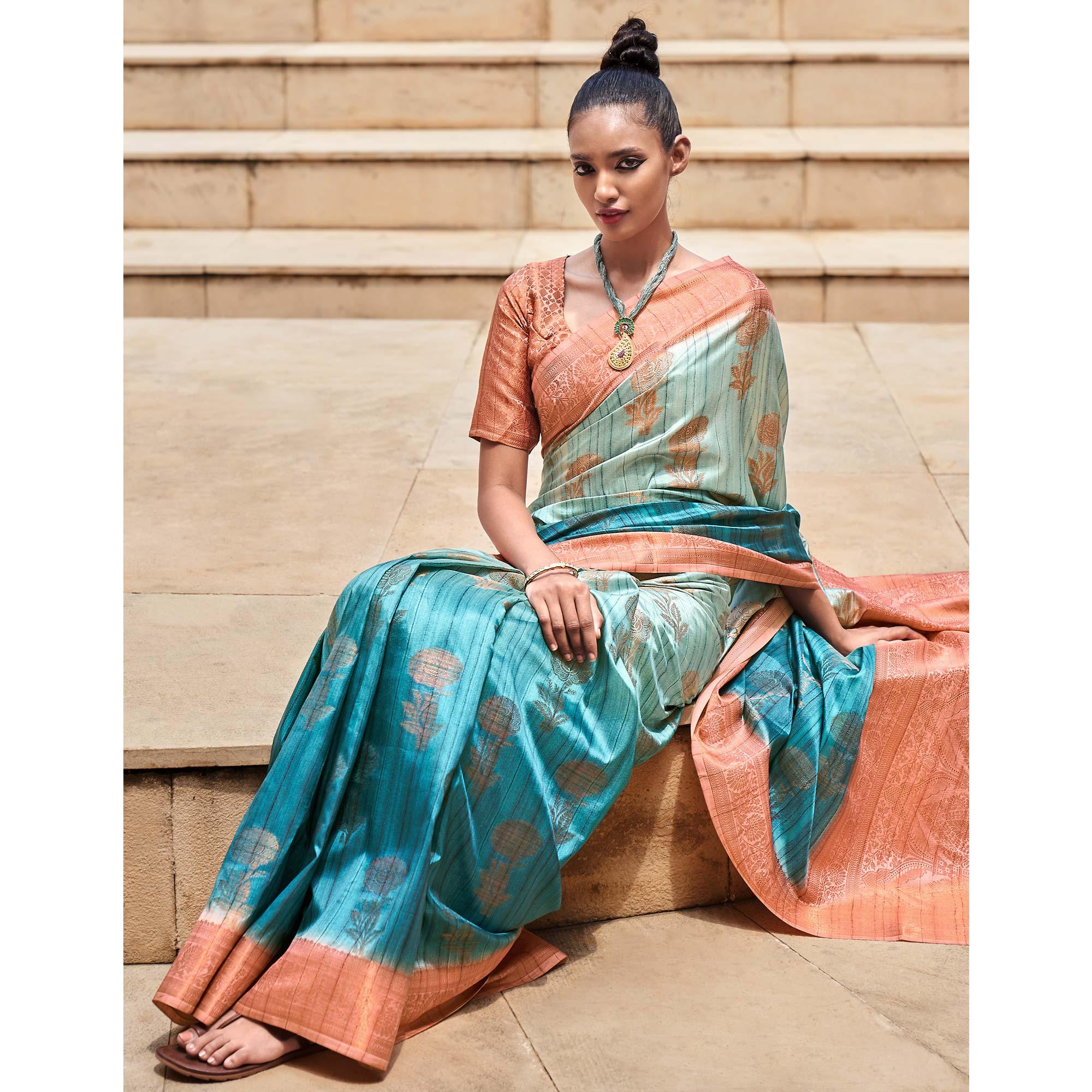 Morpich Floral Woven Art Silk Saree - Peachmode