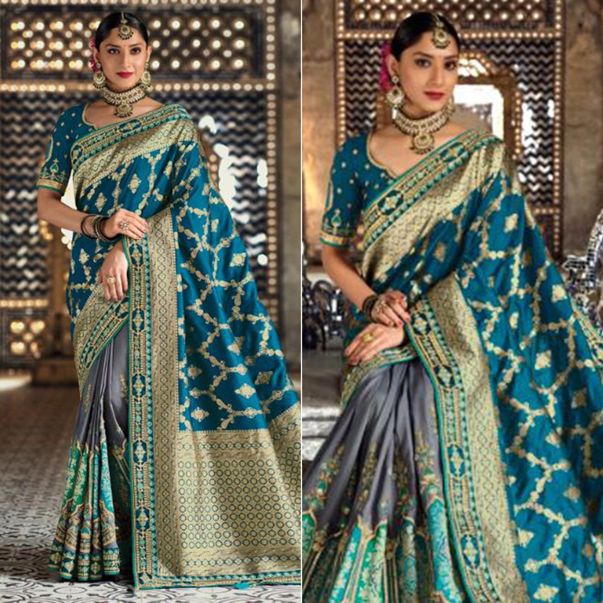 Morpich-Grey Festive Wear Woven Banarasi Silk Half & Half Saree - Peachmode