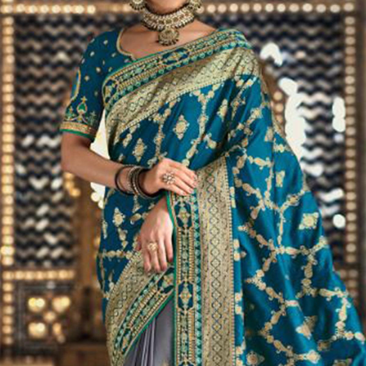 Morpich-Grey Festive Wear Woven Banarasi Silk Half & Half Saree - Peachmode