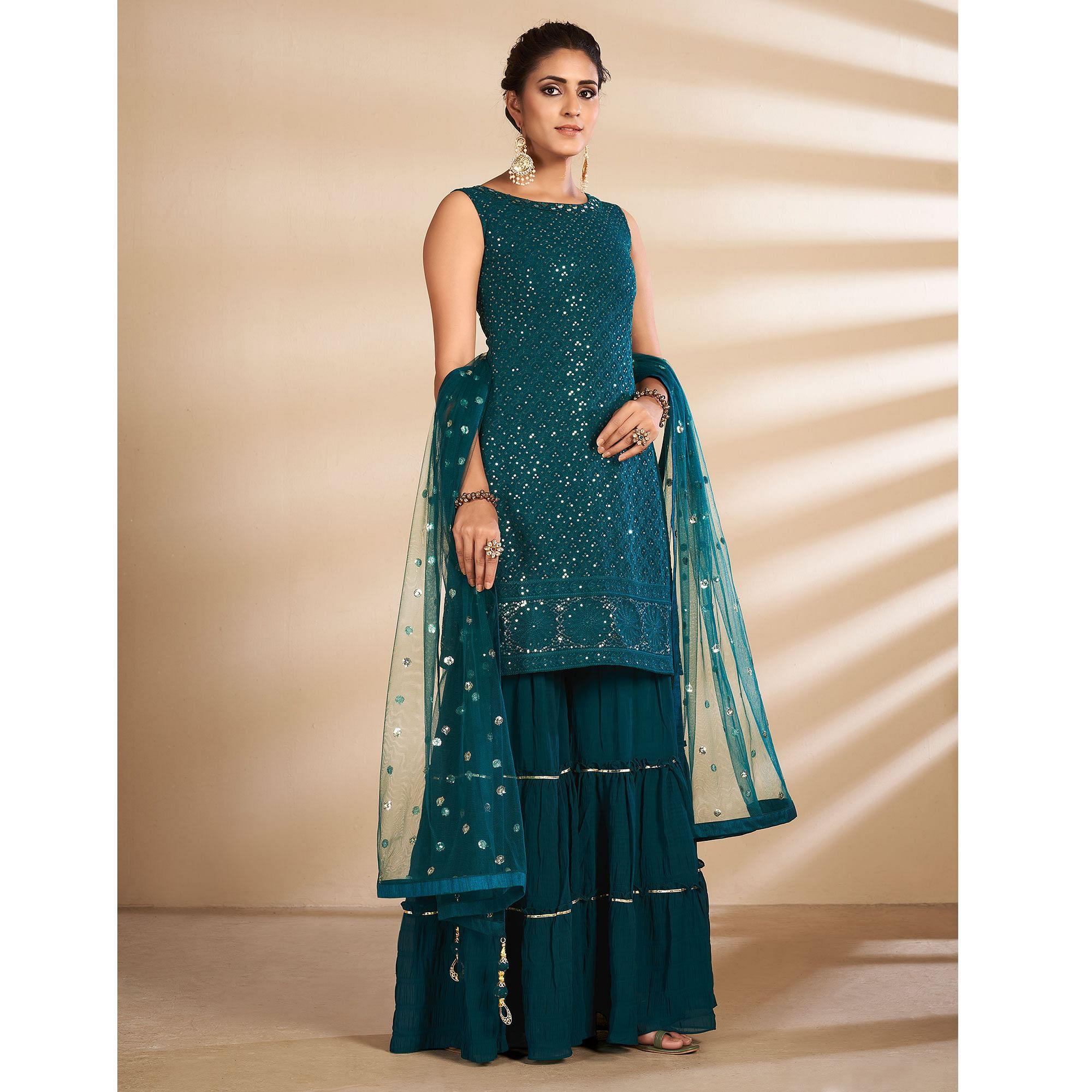 Morpich Partywear Embroidered Georgette Sharara Suit - Peachmode