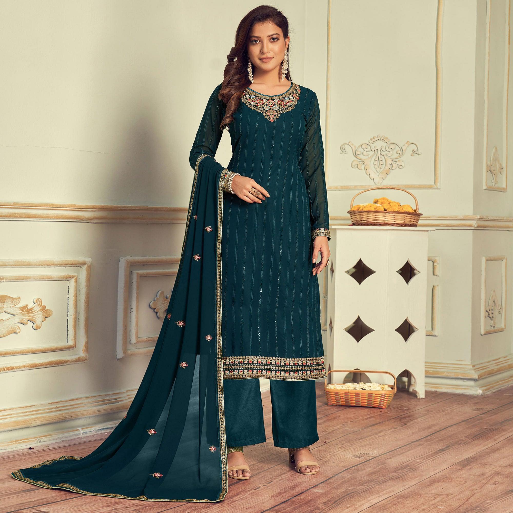 Morpich Partywear Embroidery With Embellished Georgette Suit - Peachmode