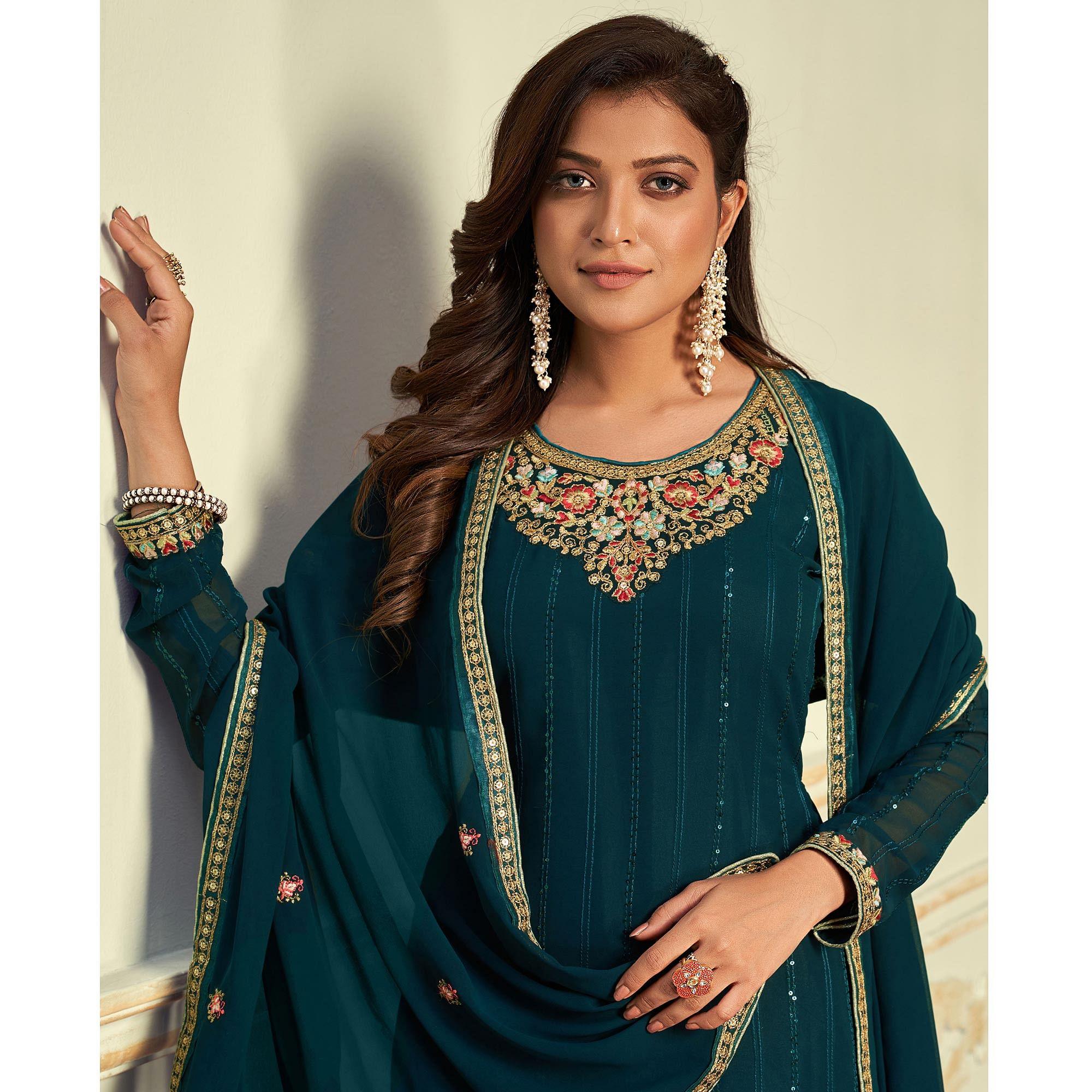 Morpich Partywear Embroidery With Embellished Georgette Suit - Peachmode