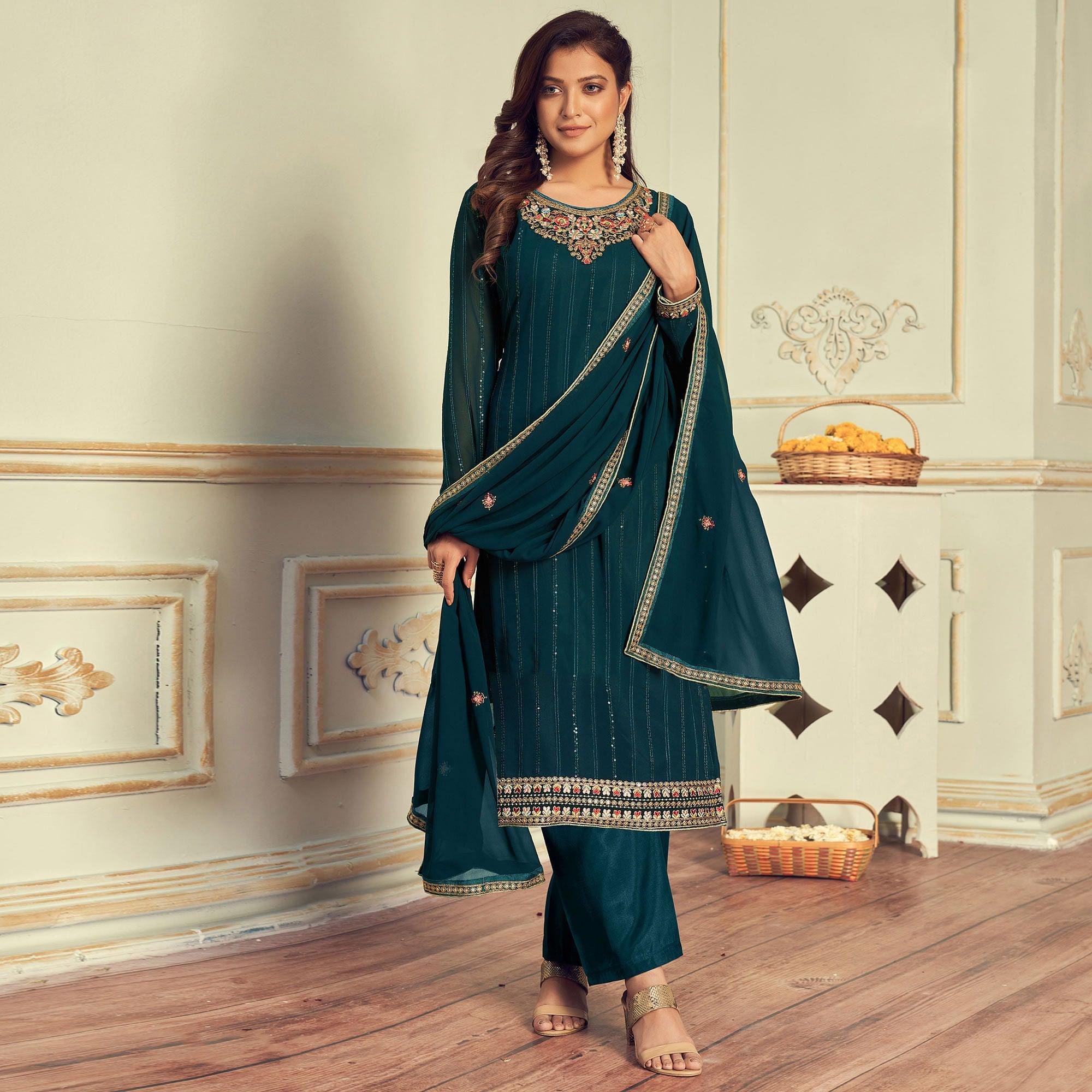 Morpich Partywear Embroidery With Embellished Georgette Suit - Peachmode