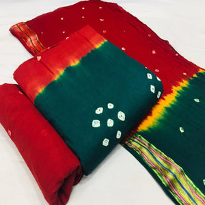 Morpich-Red Bandhani Printed Cotton Blend Dress Material - Peachmode