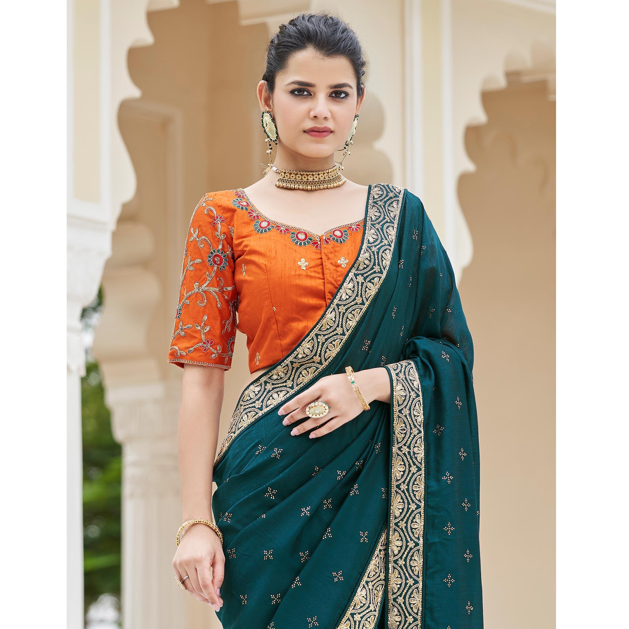 Morpich Sequence With swarovski Work Vichitra Silk Saree - Peachmode