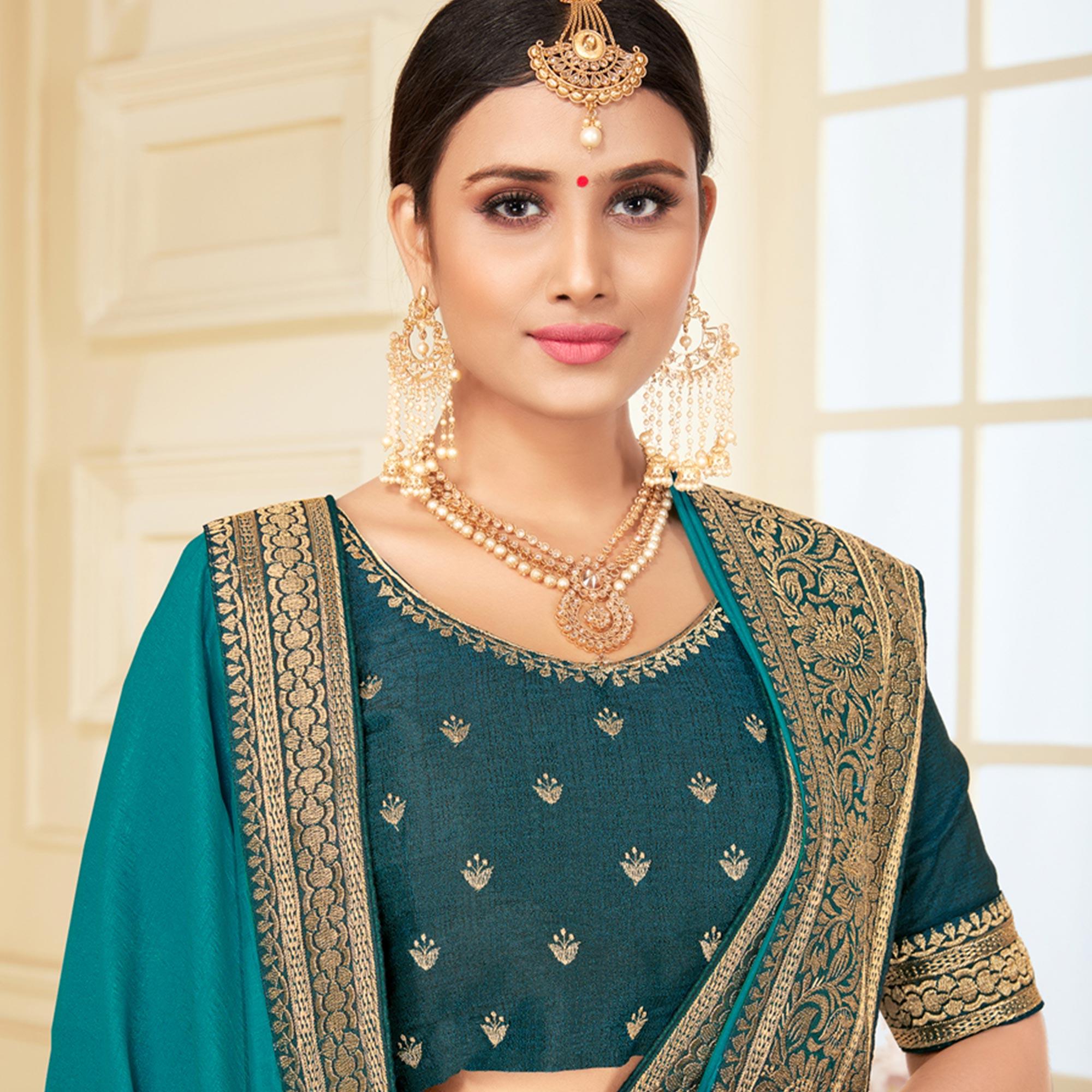 Morpich Woven Vichitra Silk Saree - Peachmode