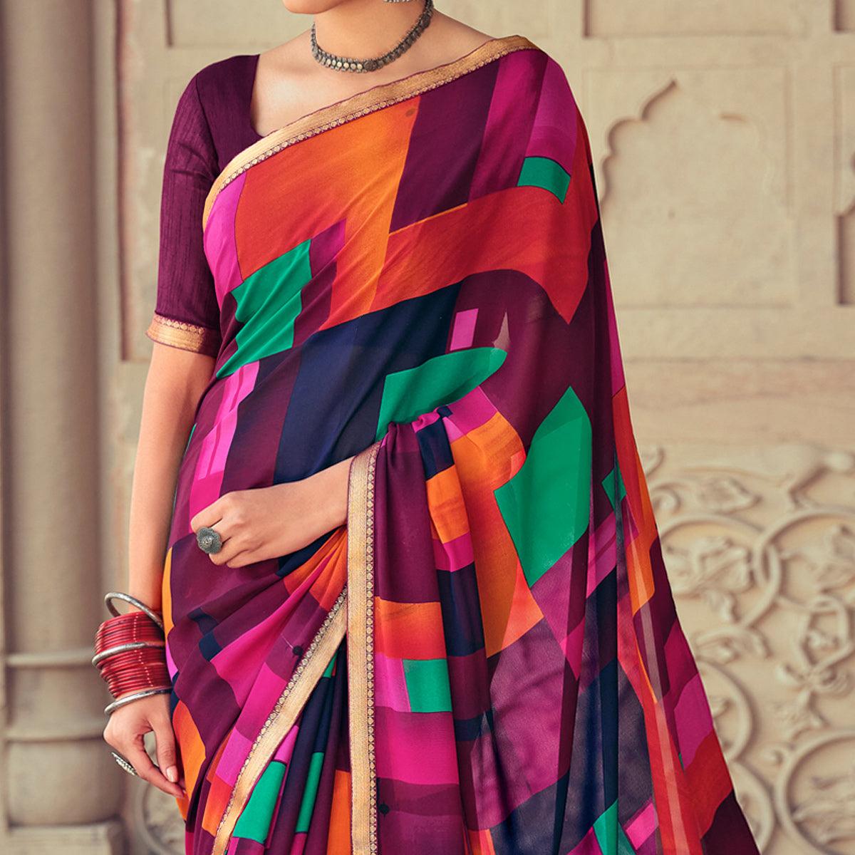 Mulitcolored Casual Wear Geometric Printed Heavy Micro Saree - Peachmode