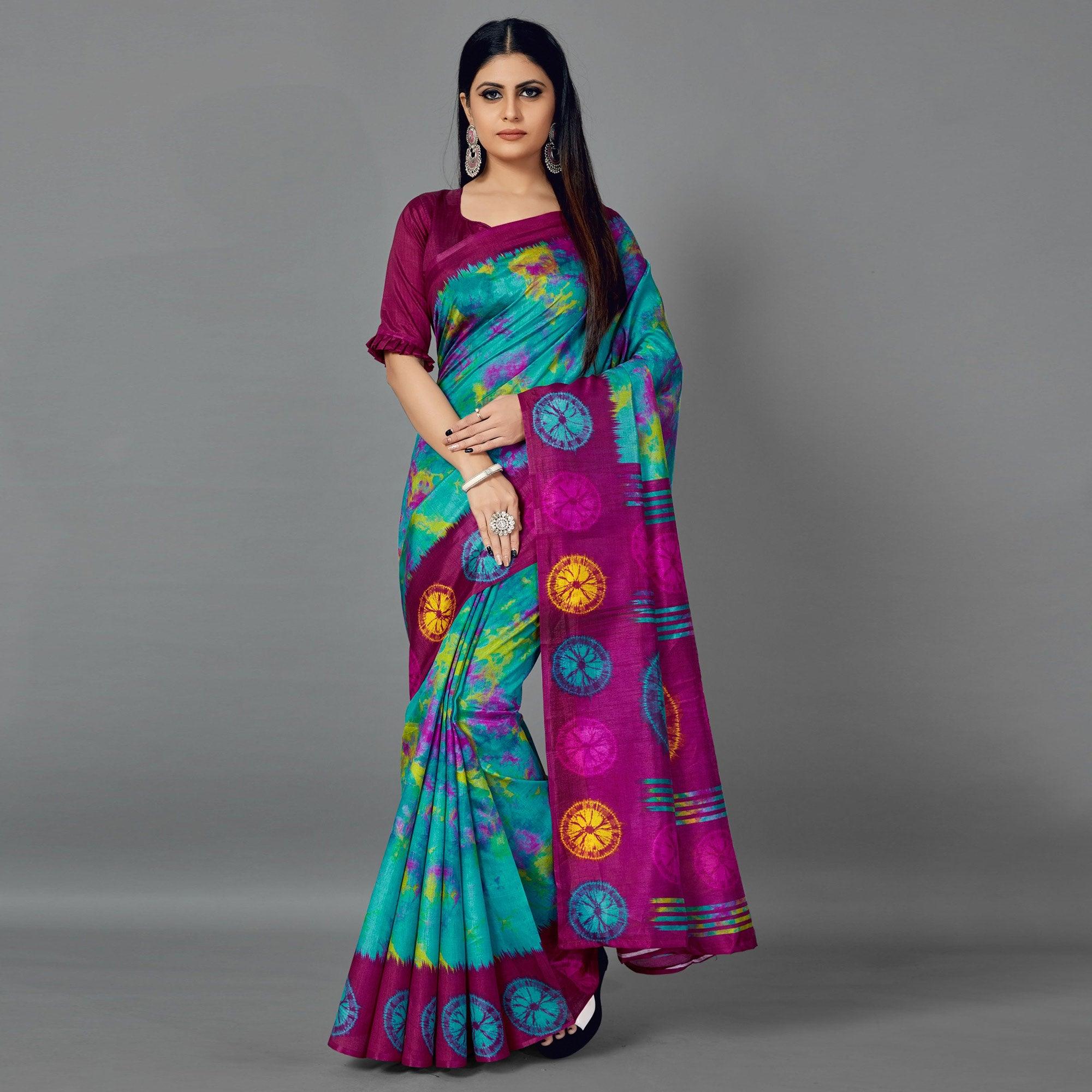 Multi Casual Art Silk Printed Saree With Unstitched Blouse - Peachmode