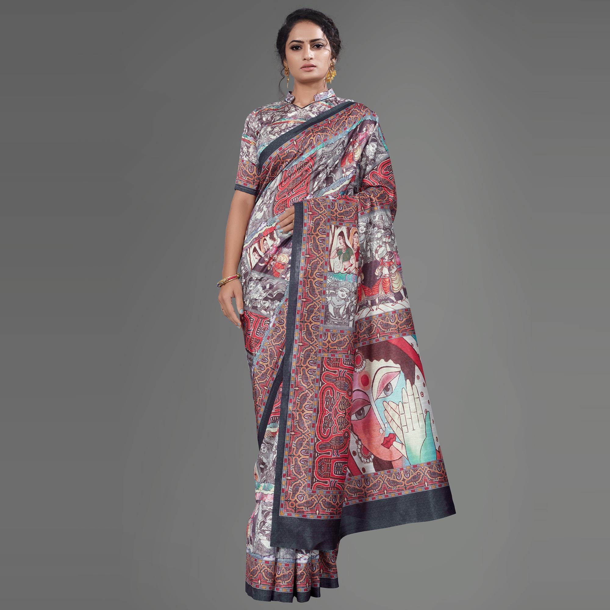 Multi Casual Art Silk Printed Saree With Unstitched Blouse - Peachmode