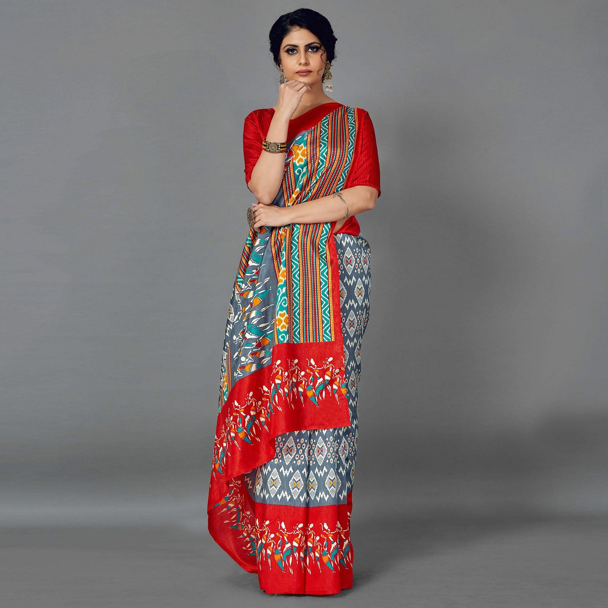Multi Casual Art Silk Printed Saree With Unstitched Blouse - Peachmode