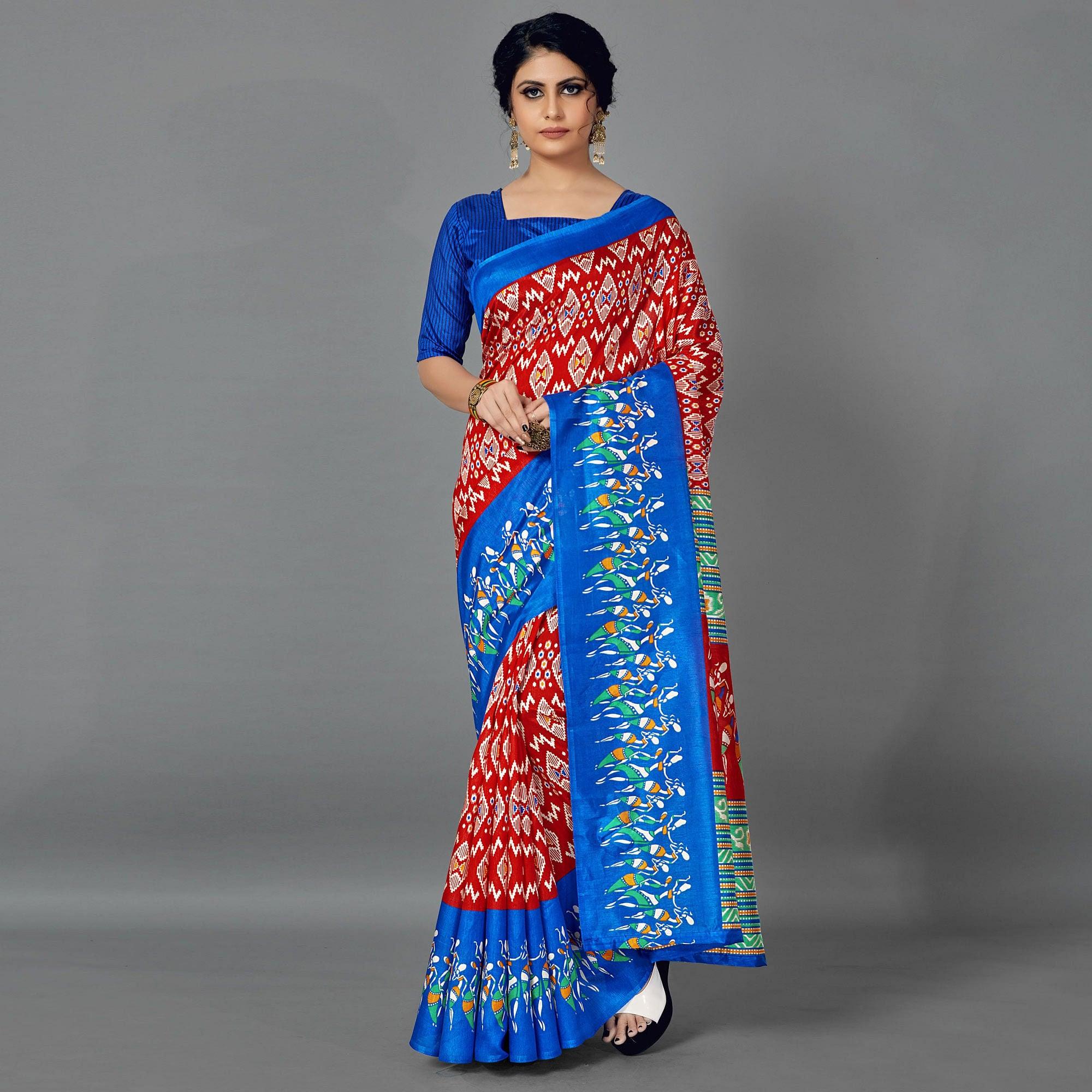 Multi Casual Art Silk Printed Saree With Unstitched Blouse - Peachmode