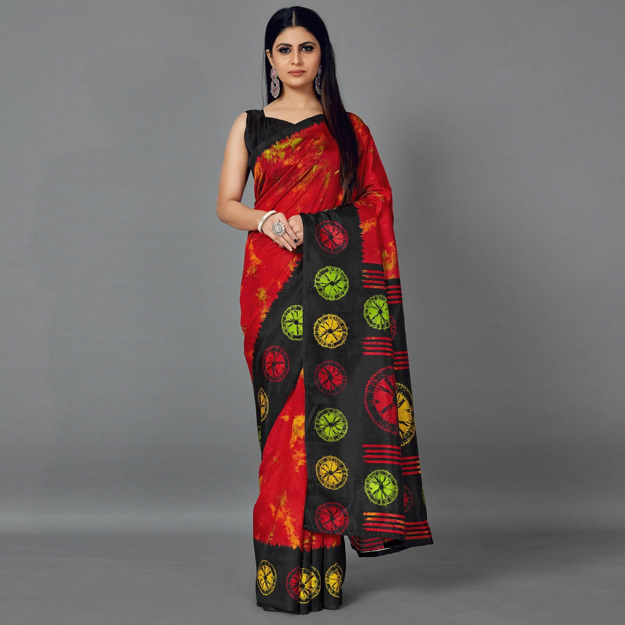 Multi Casual Art Silk Printed Saree With Unstitched Blouse - Peachmode