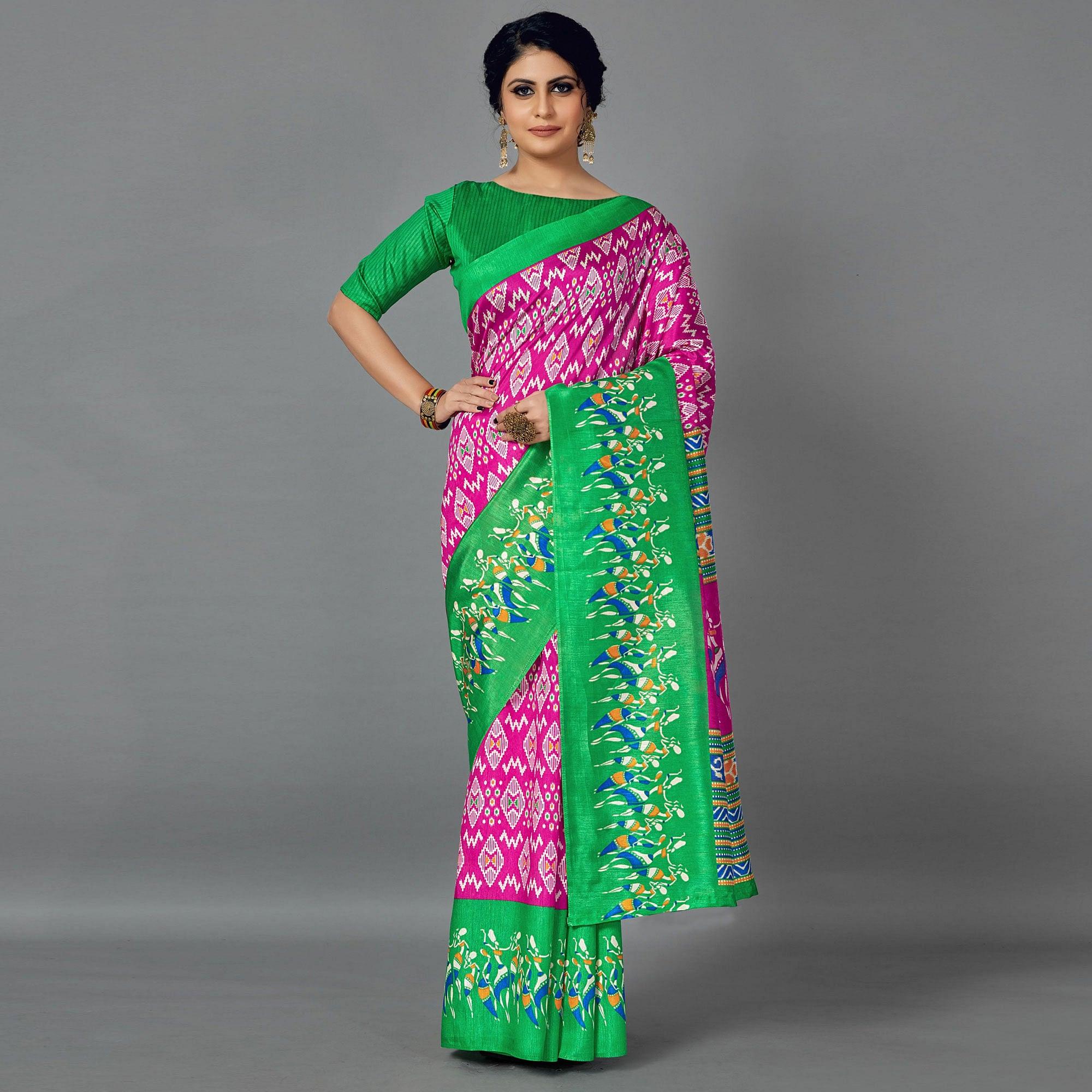 Multi Casual Art Silk Printed Saree With Unstitched Blouse - Peachmode