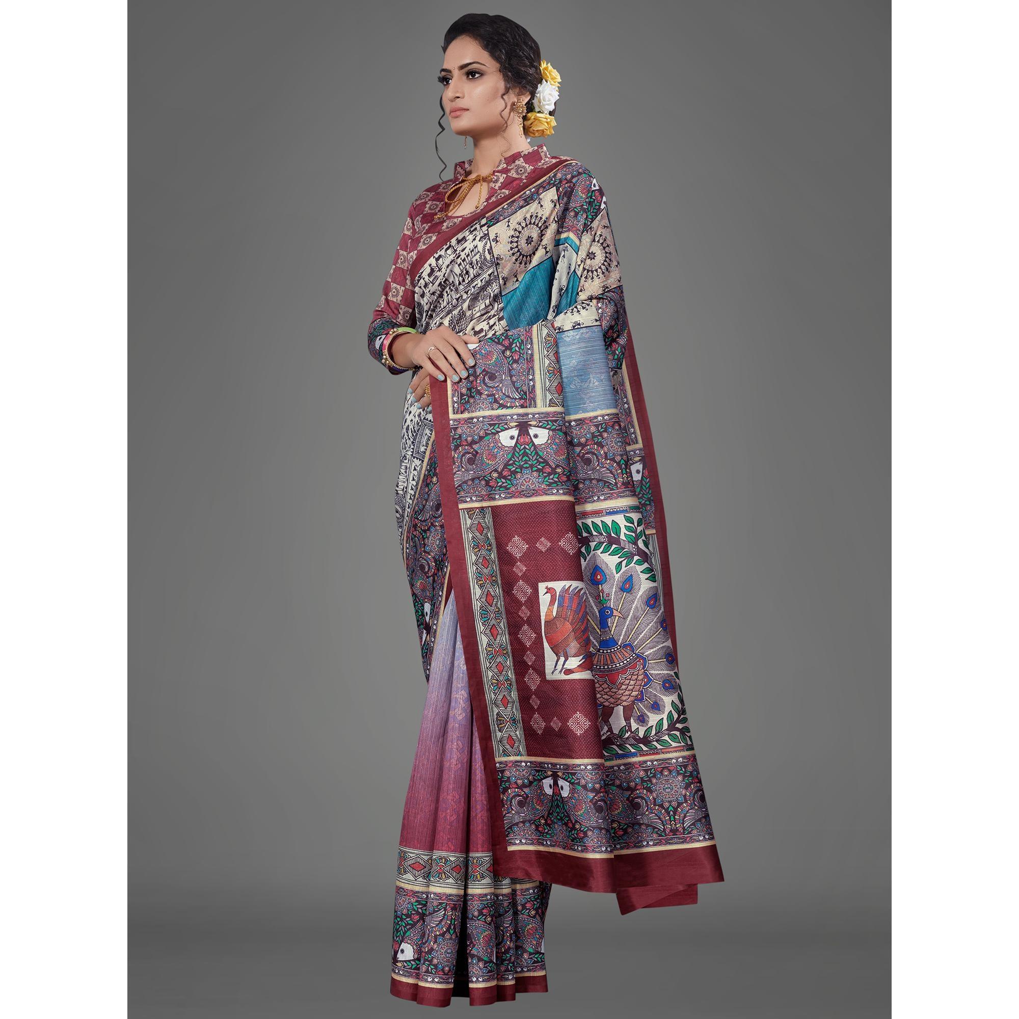Multi Casual Art Silk Printed Saree With Unstitched Blouse - Peachmode