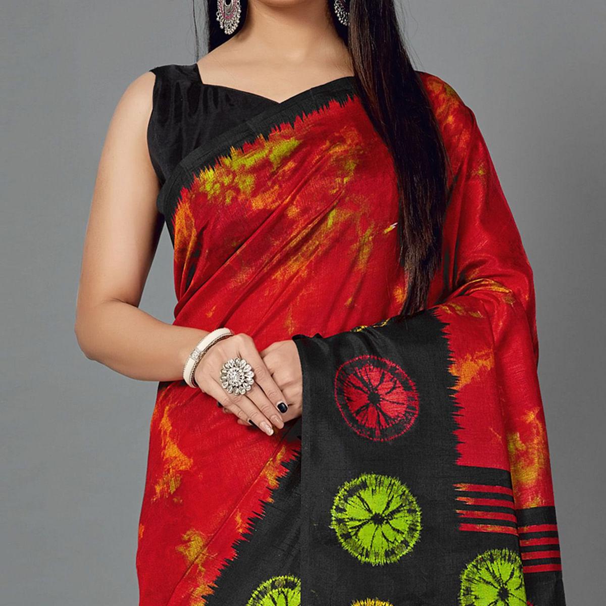 Multi Casual Art Silk Printed Saree With Unstitched Blouse - Peachmode