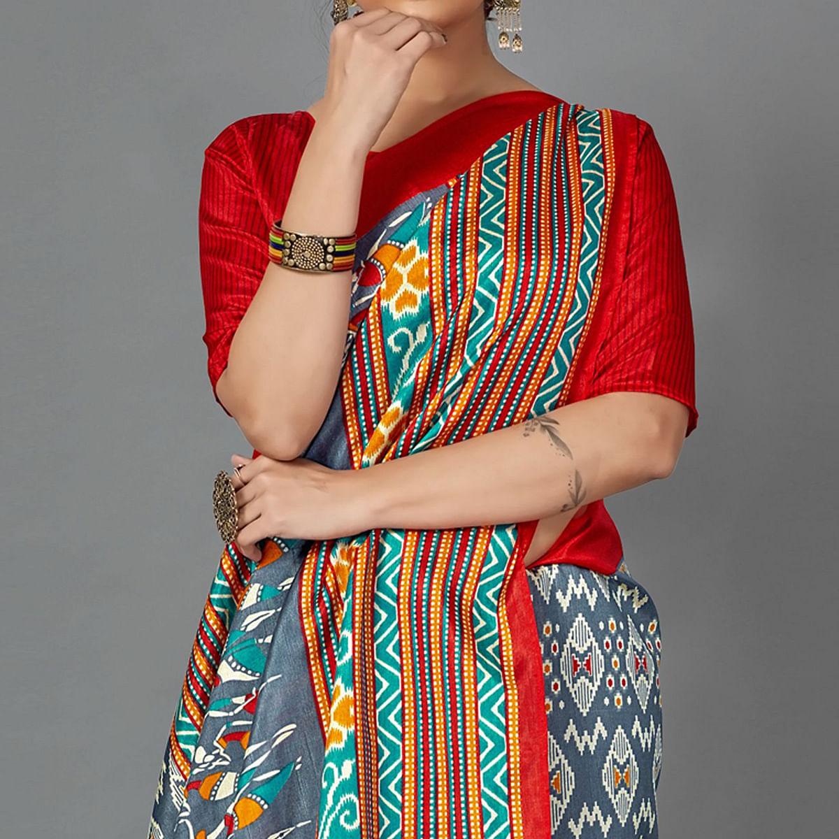 Multi Casual Art Silk Printed Saree With Unstitched Blouse - Peachmode
