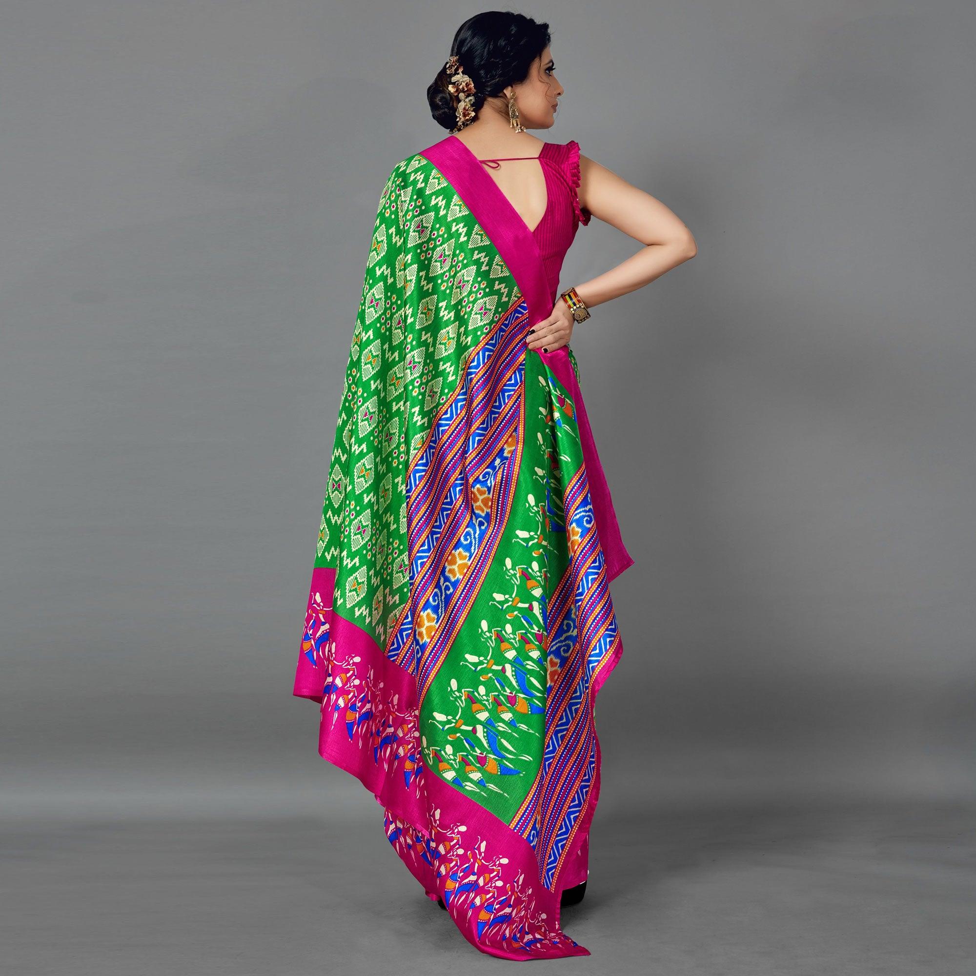 Multi Casual Art Silk Printed Saree With Unstitched Blouse - Peachmode