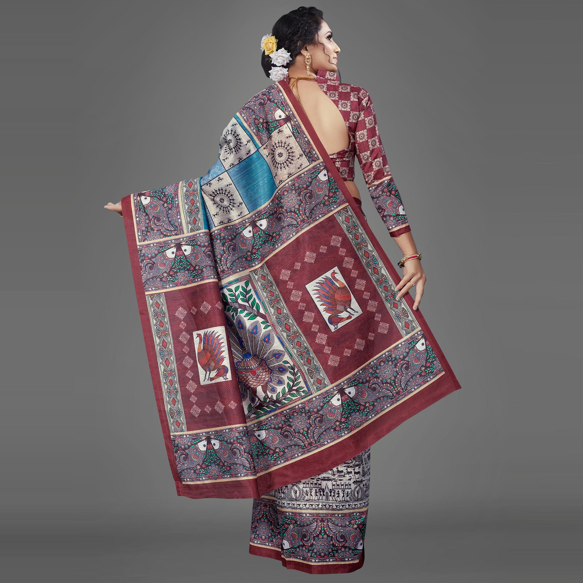Multi Casual Art Silk Printed Saree With Unstitched Blouse - Peachmode