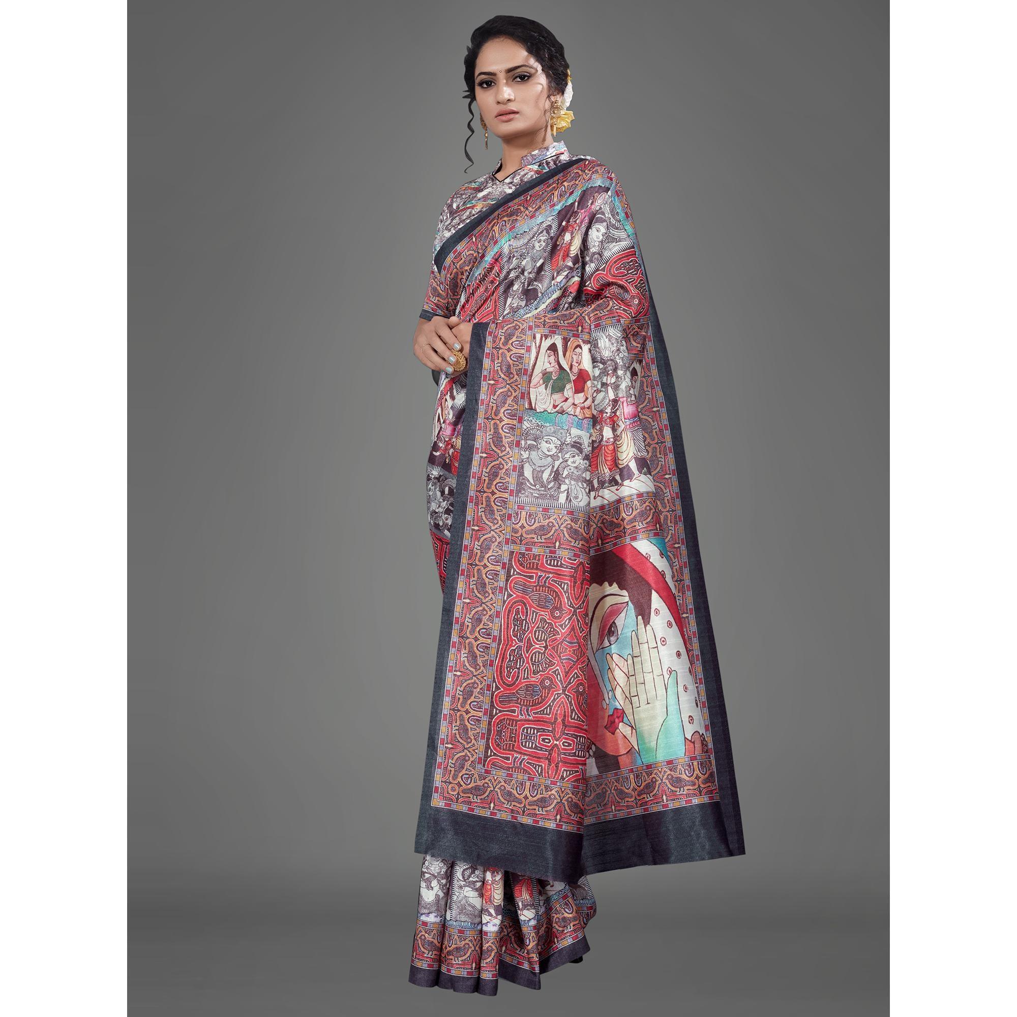 Multi Casual Art Silk Printed Saree With Unstitched Blouse - Peachmode