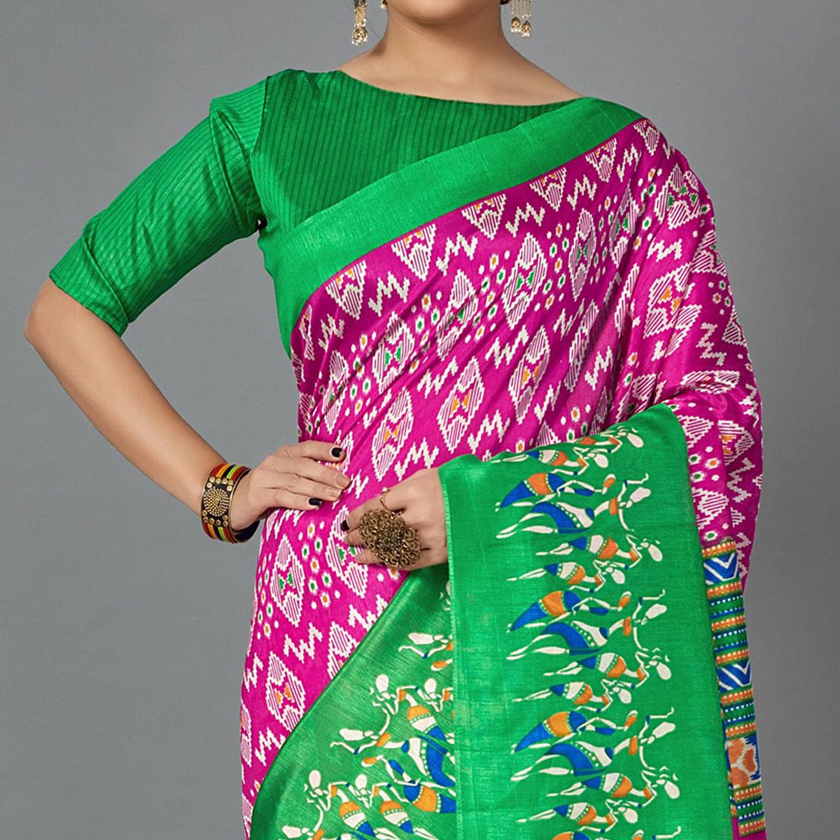 Multi Casual Art Silk Printed Saree With Unstitched Blouse - Peachmode