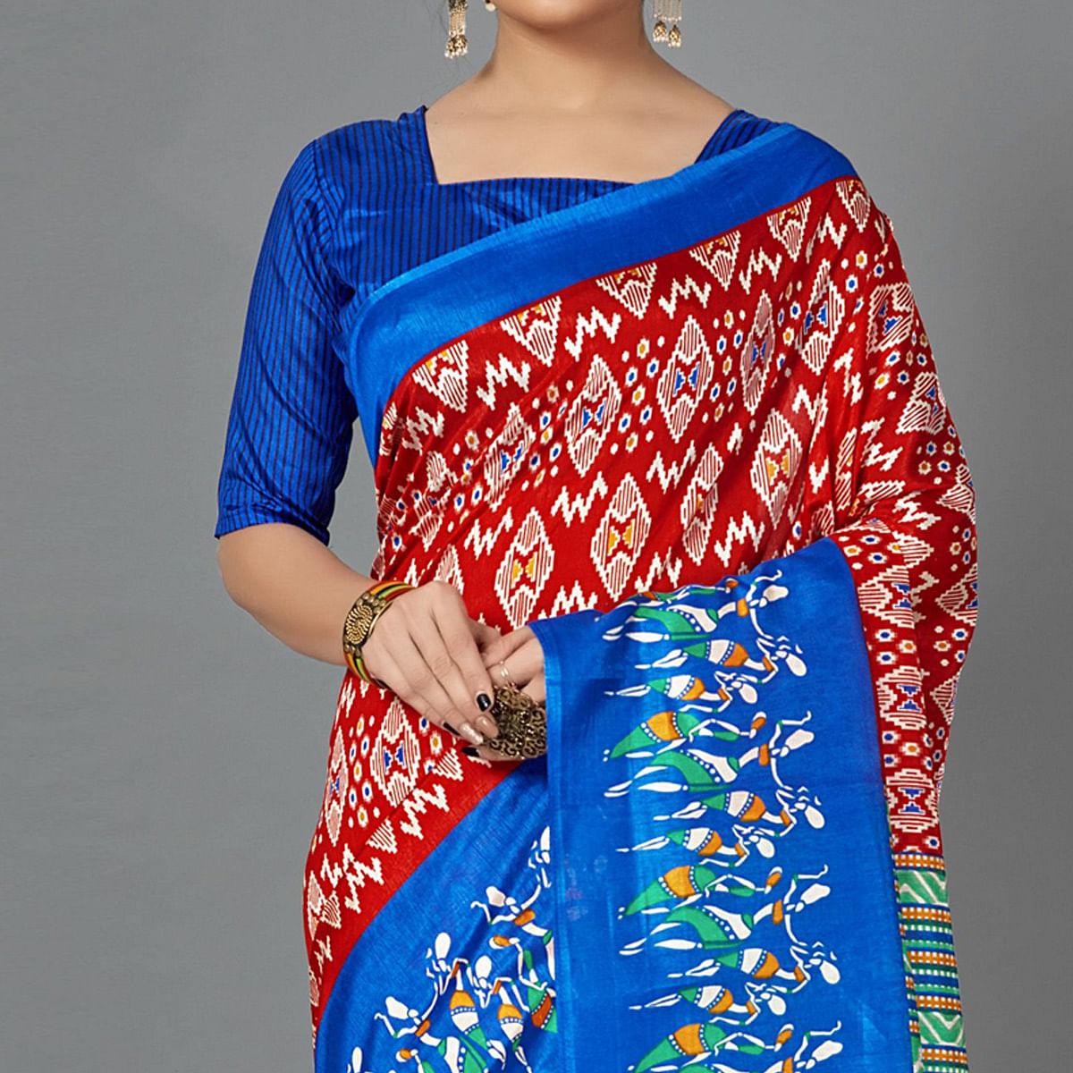 Multi Casual Art Silk Printed Saree With Unstitched Blouse - Peachmode