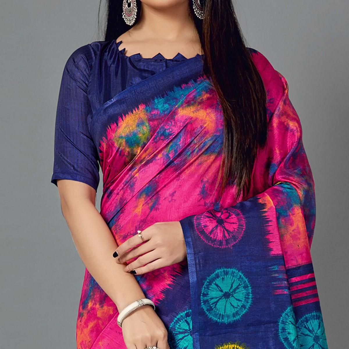 Multi Casual Art Silk Printed Saree With Unstitched Blouse - Peachmode