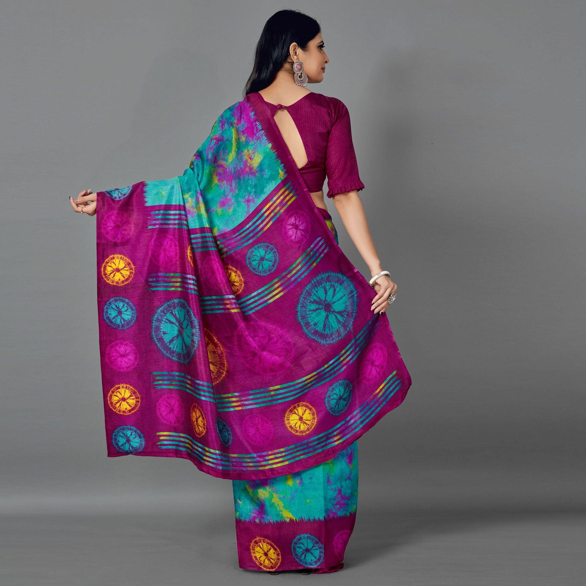 Multi Casual Art Silk Printed Saree With Unstitched Blouse - Peachmode