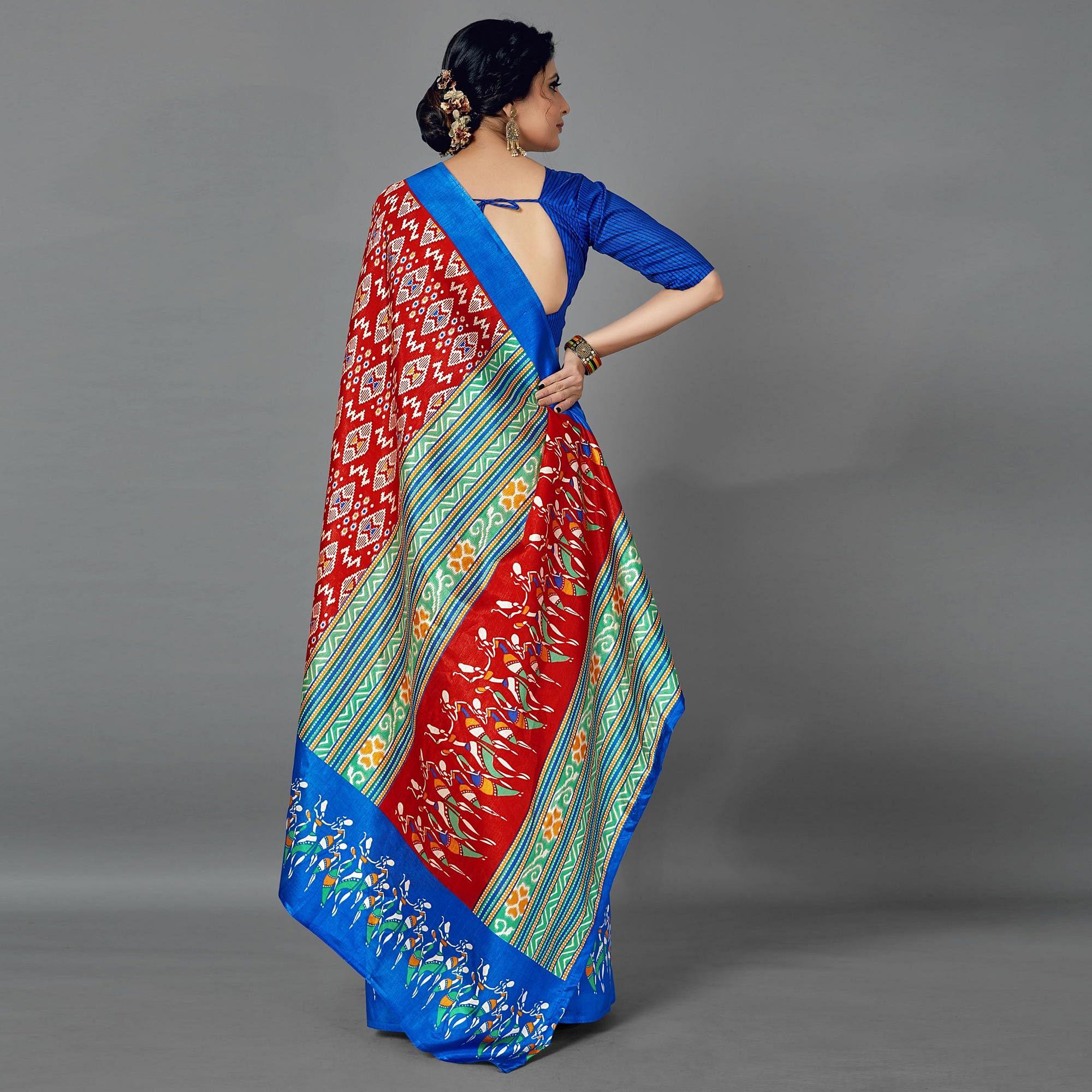Multi Casual Art Silk Printed Saree With Unstitched Blouse - Peachmode
