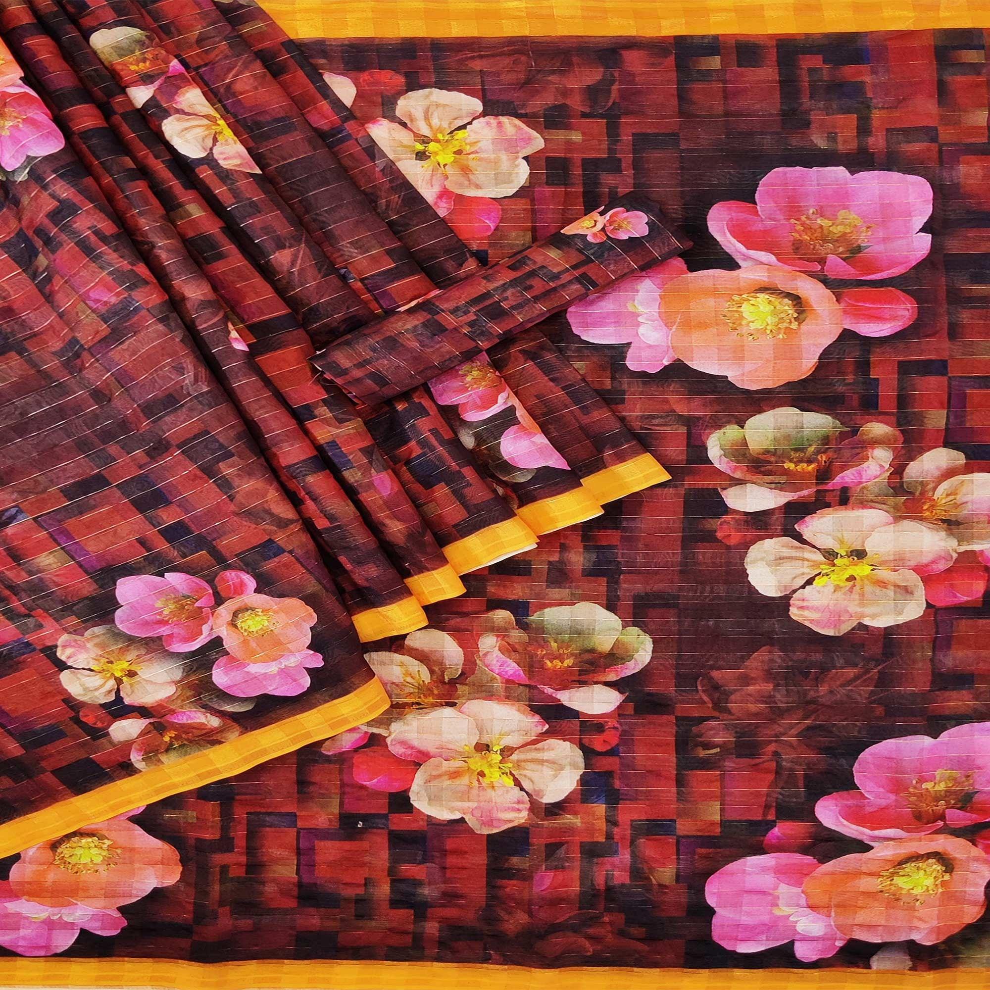 Multi Casual Wear Digital Printed Cotton Silk Saree - Peachmode