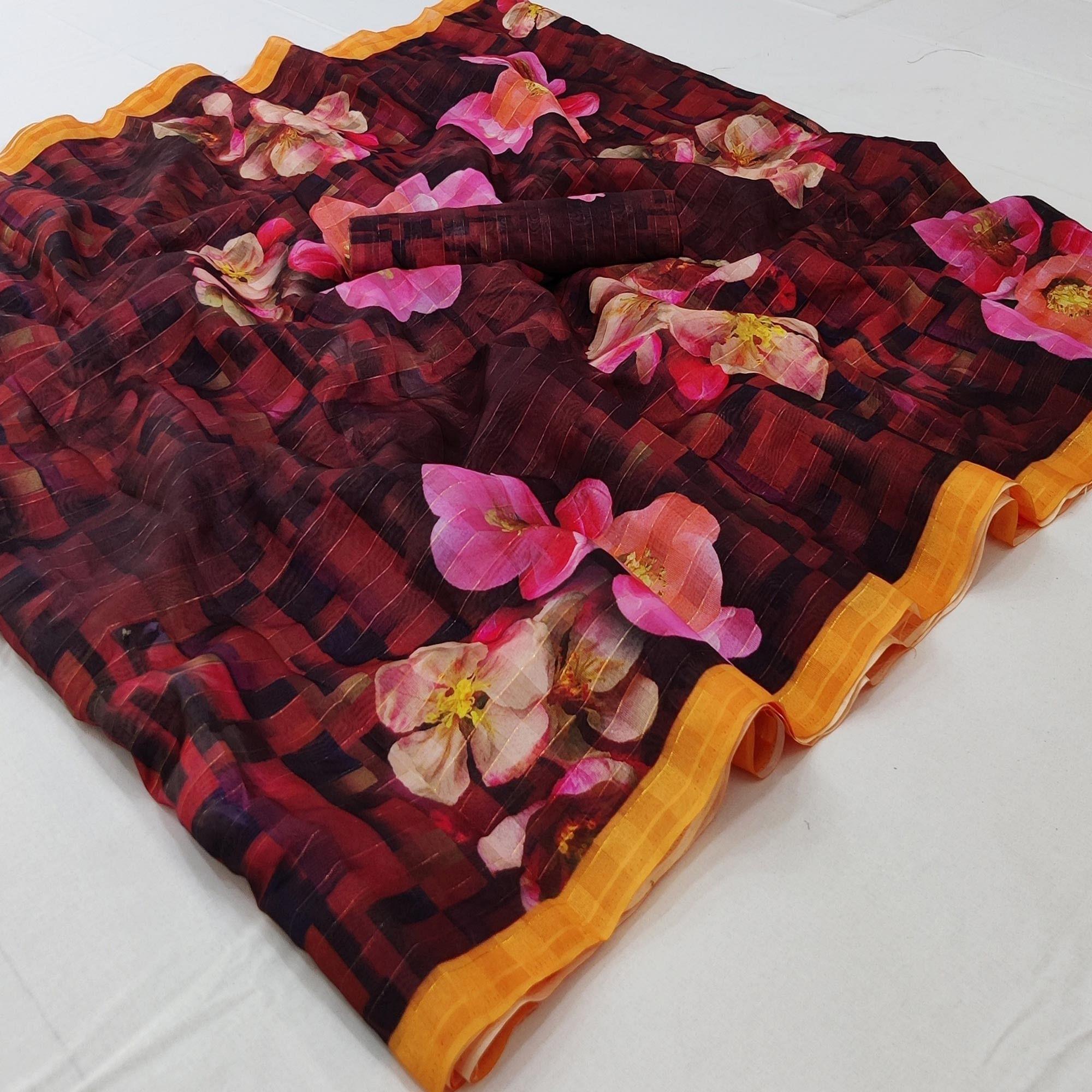 Multi Casual Wear Digital Printed Cotton Silk Saree - Peachmode