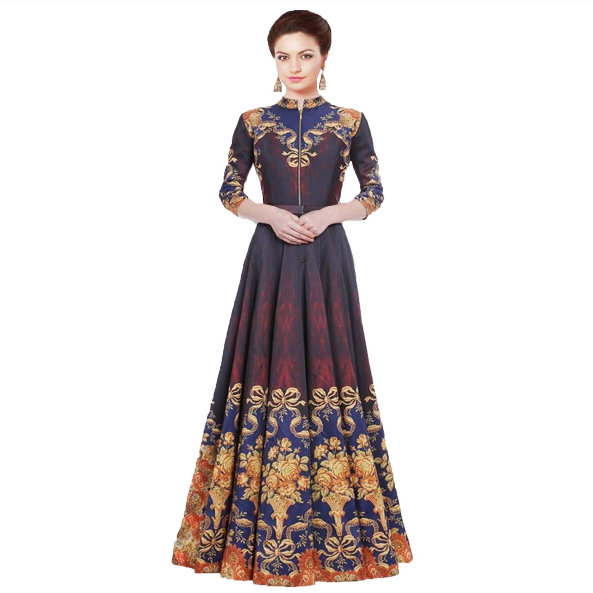 Multi Color Ikkat Printed Gown with Front Zip - Peachmode