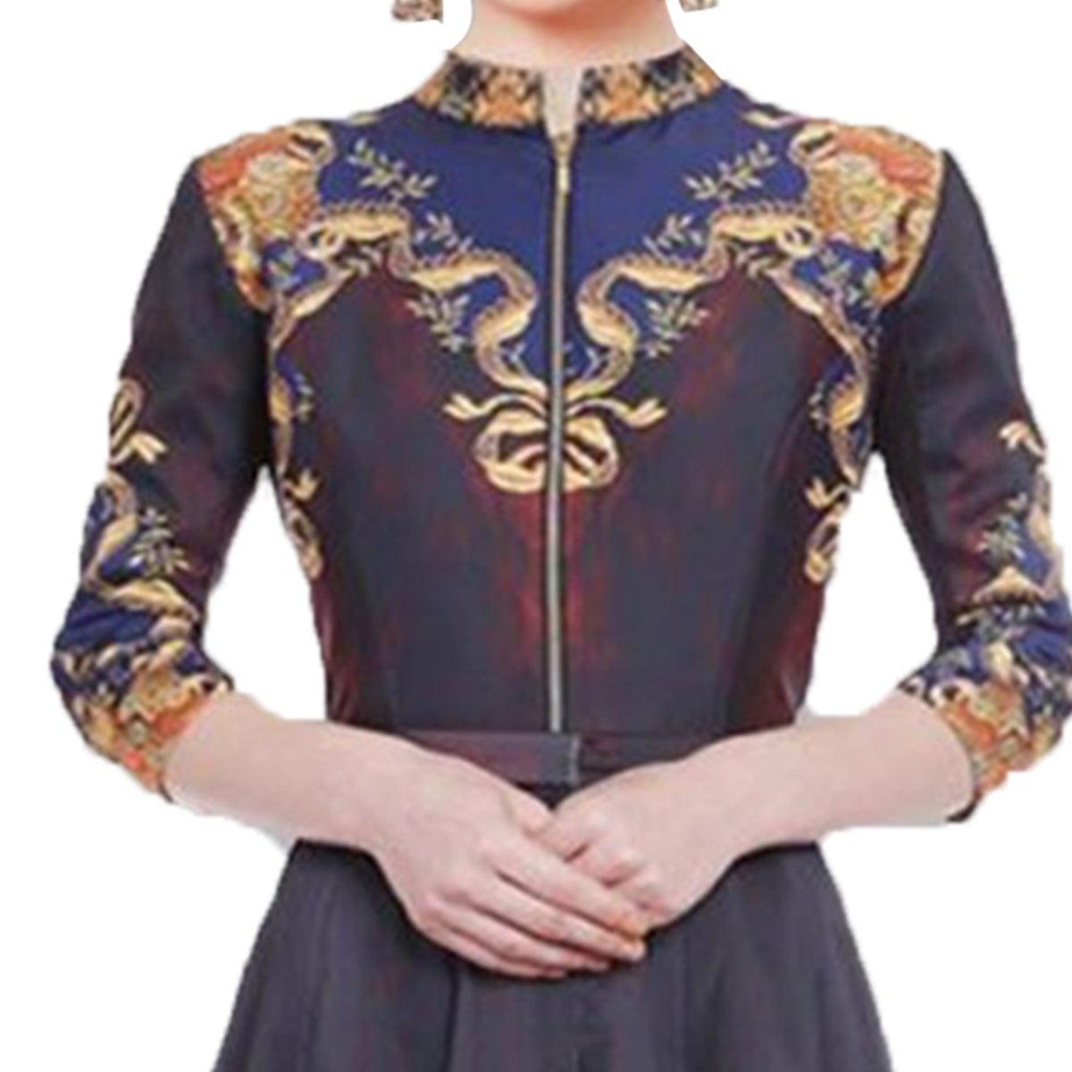 Multi Color Ikkat Printed Gown with Front Zip - Peachmode