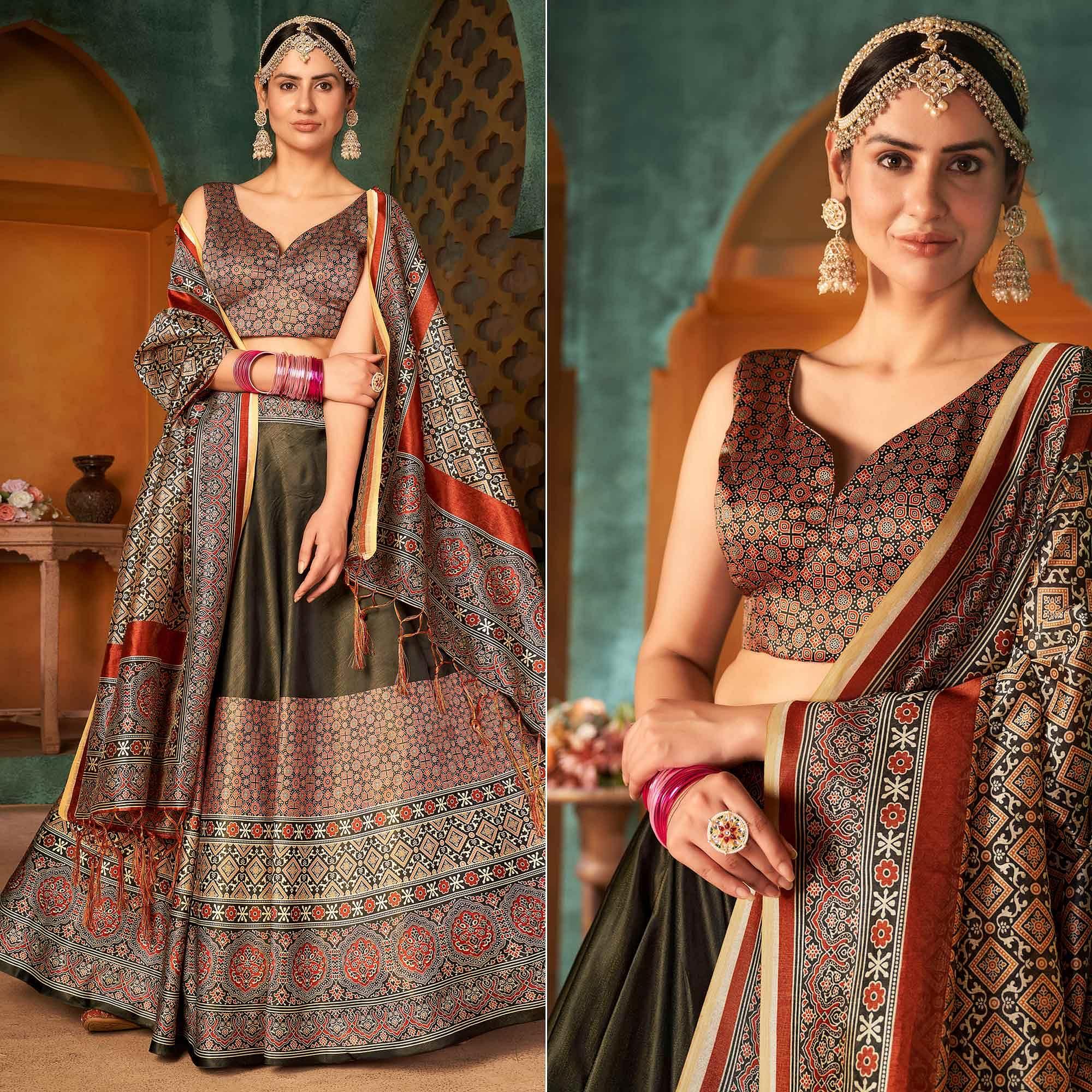 Multi Color Printed Pure Silk Lehenga Choli - Peachmode